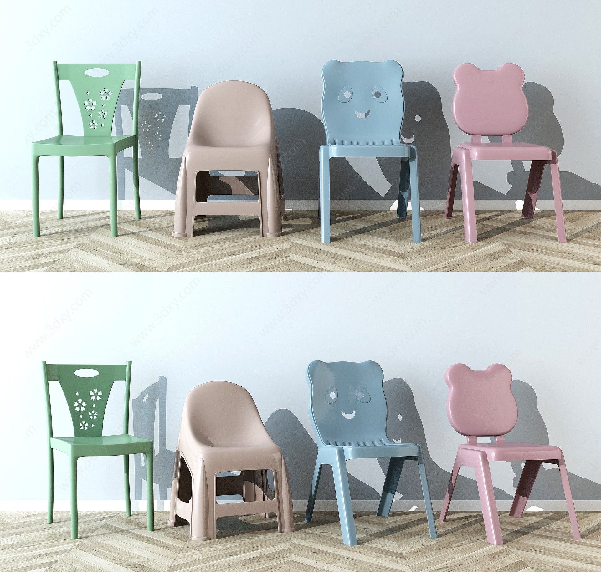 儿童卡通塑料椅子矮凳组合3D模型