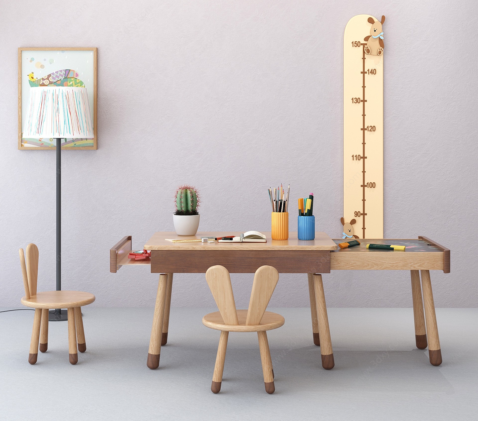 北欧原木儿童书桌椅3D模型