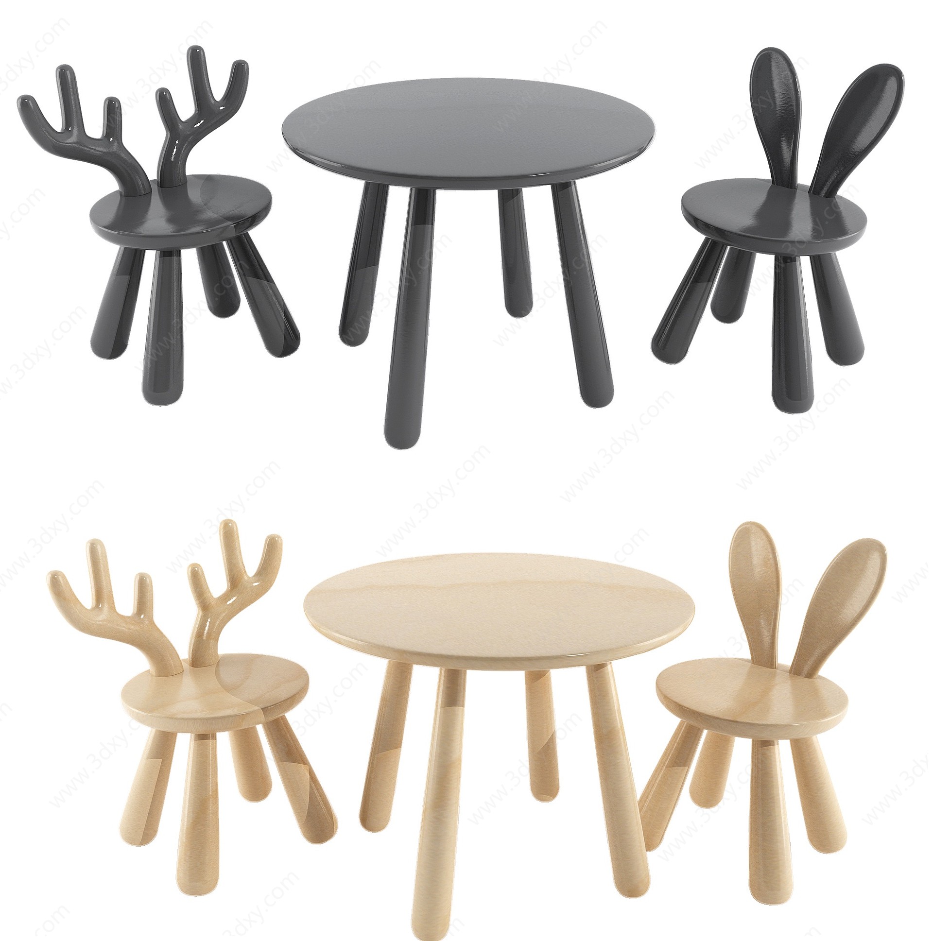 北欧原木儿童动物桌椅3D模型
