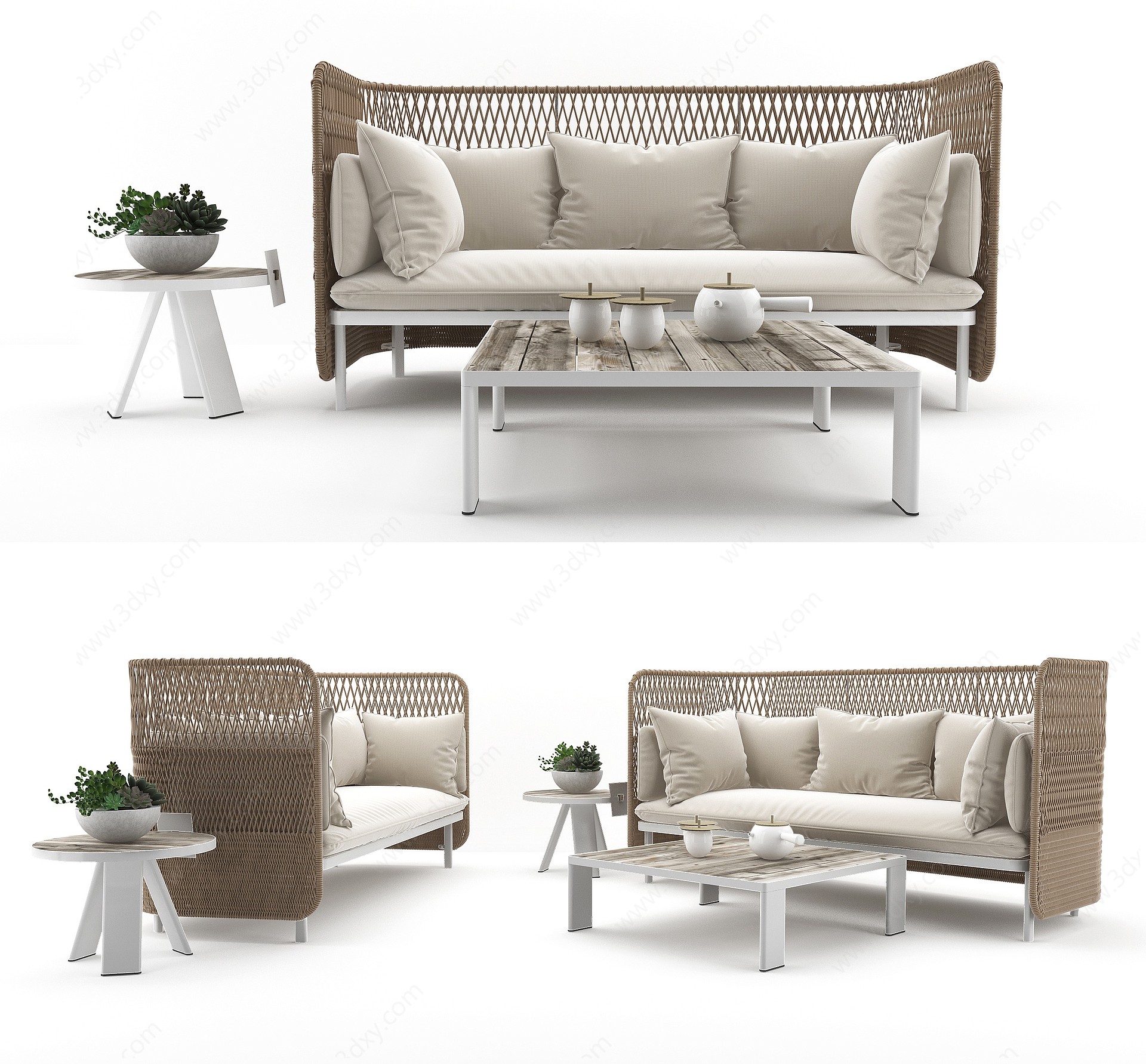 编织藤椅沙发茶几组合3D模型