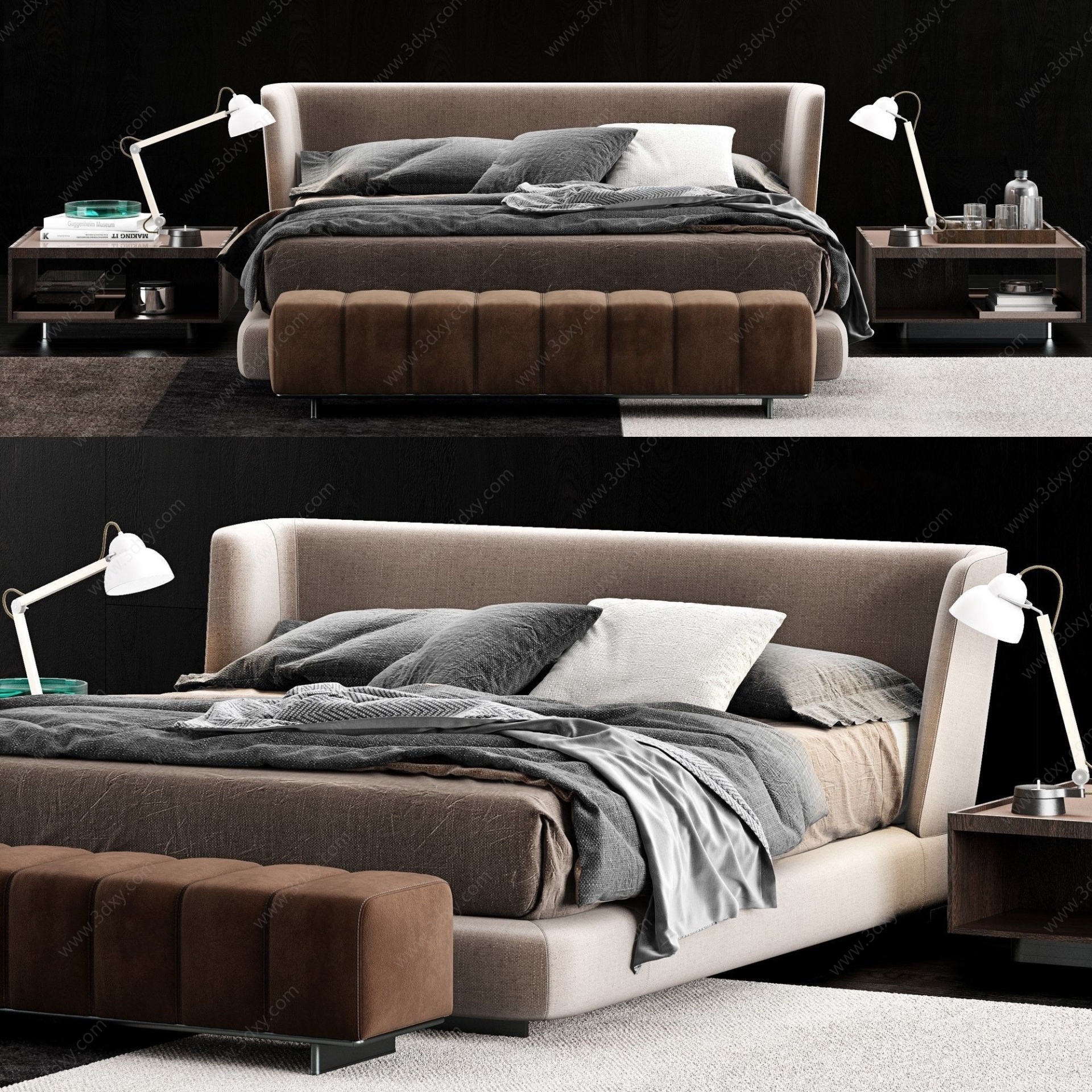 现代布艺双人床床头柜组合3D模型