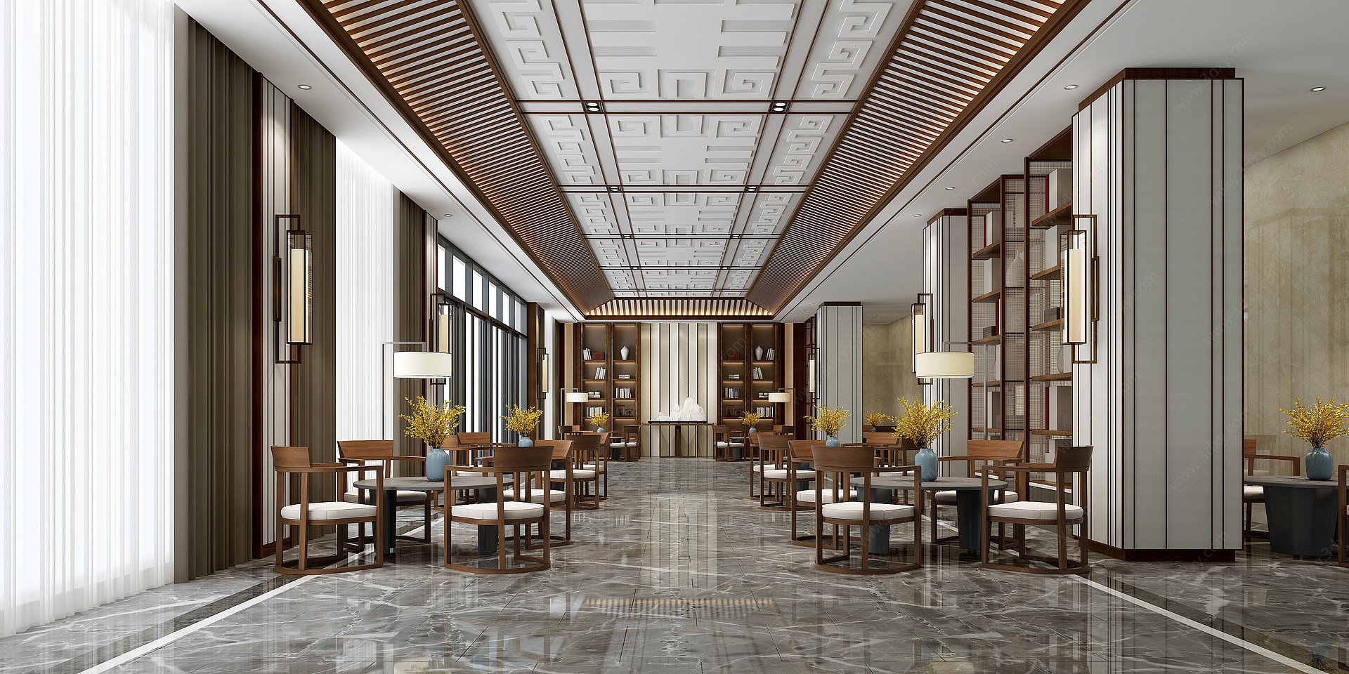 新中式酒店会所大厅休息区3D模型