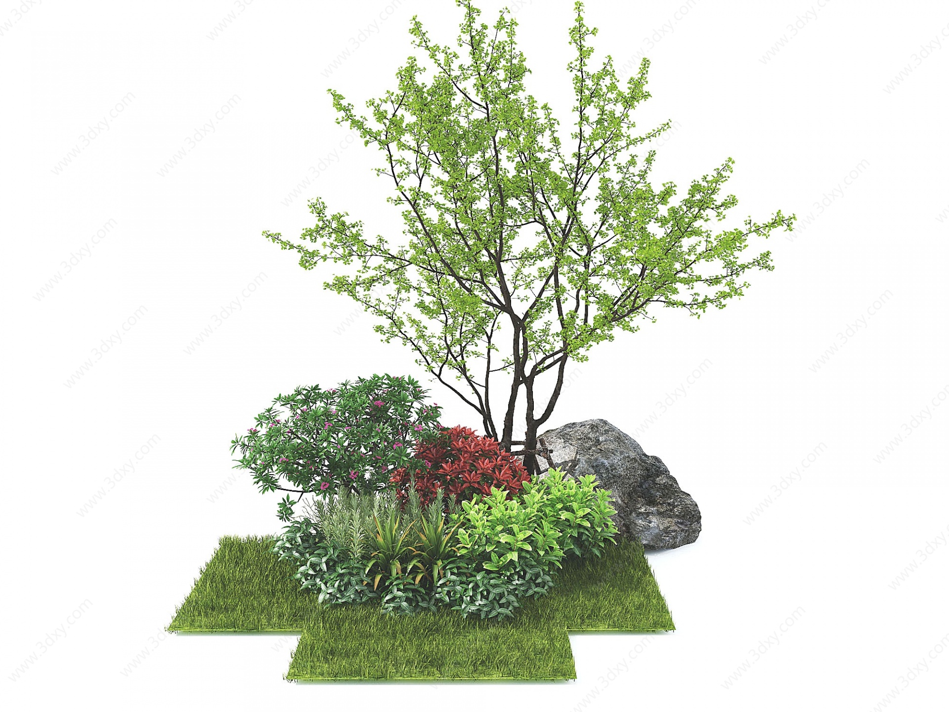 现代树石头灌木草地3D模型