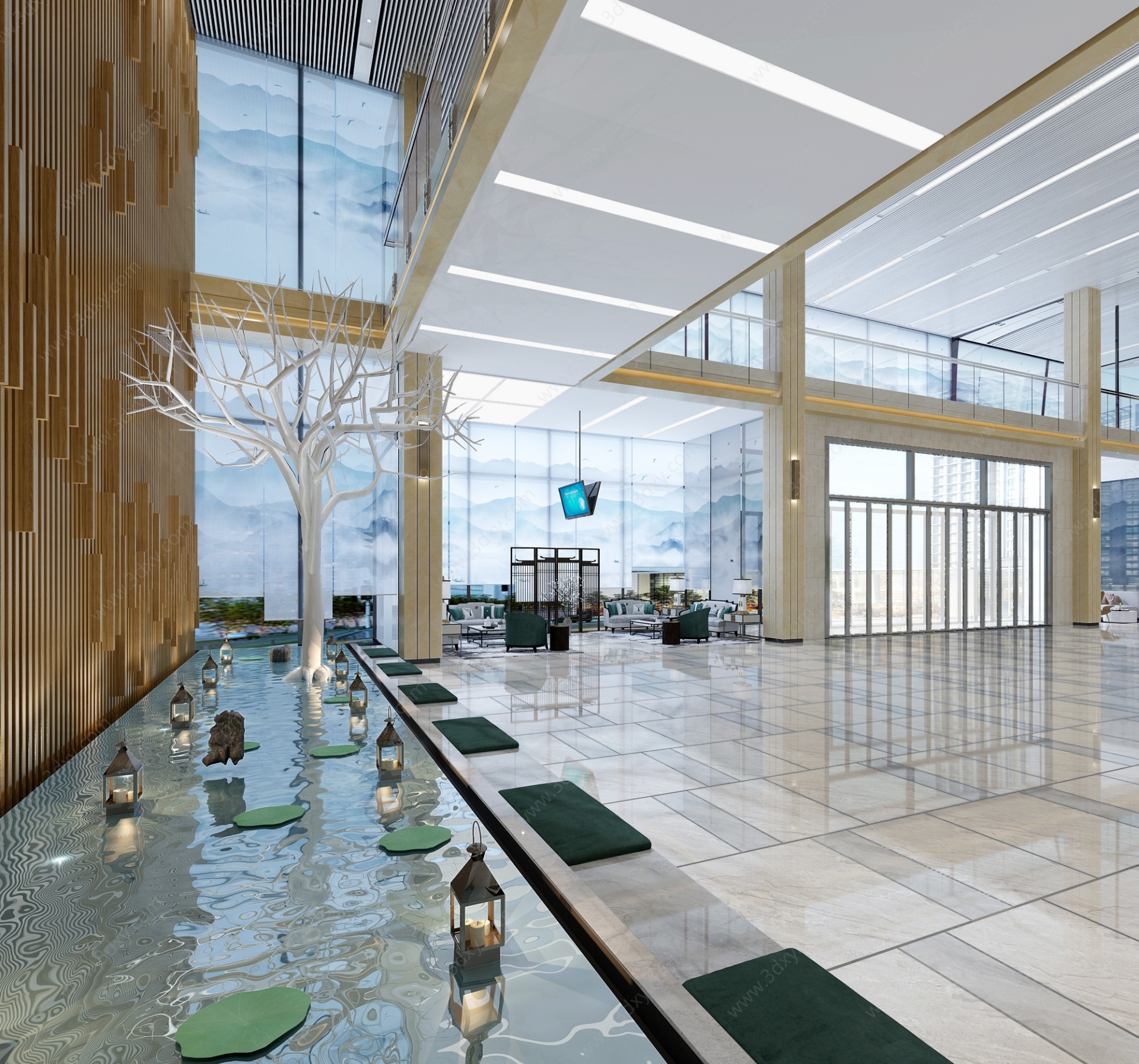 新中式办公酒店会所大堂3D模型
