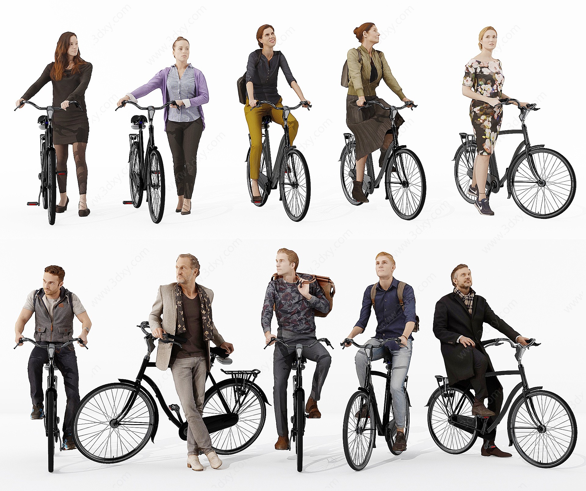 欧式骑自行车的男女人物3D模型