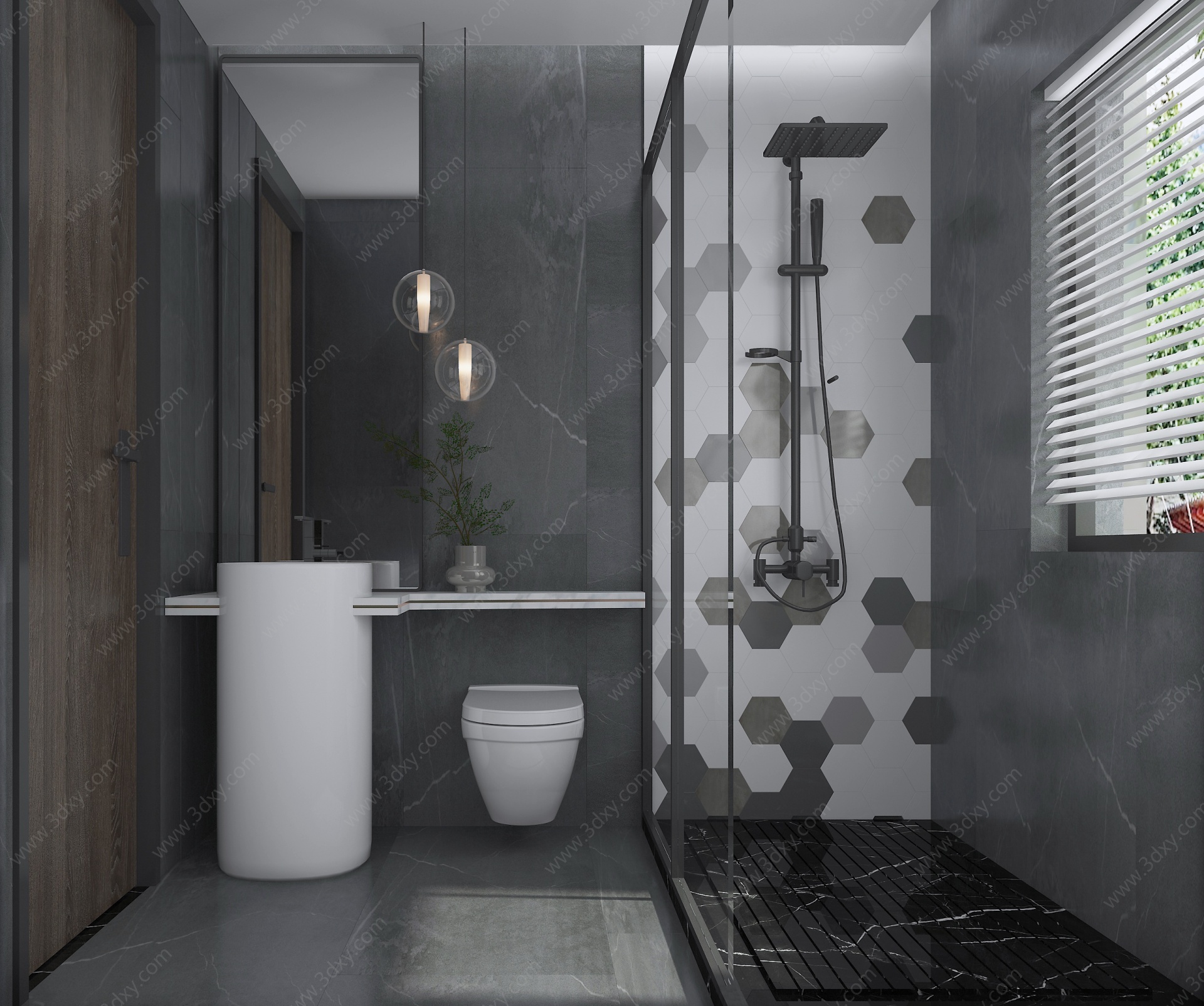 现代高级灰卫生间浴室3D模型
