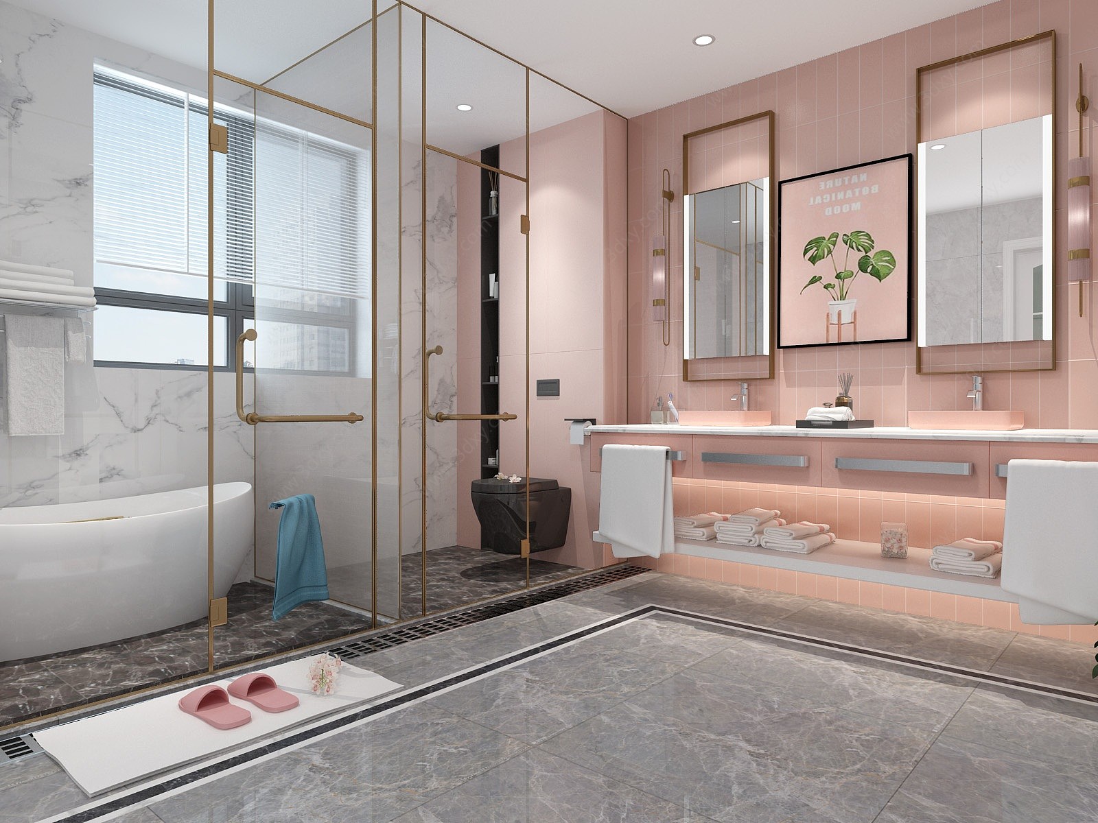 现代粉色系别墅卫生间3D模型