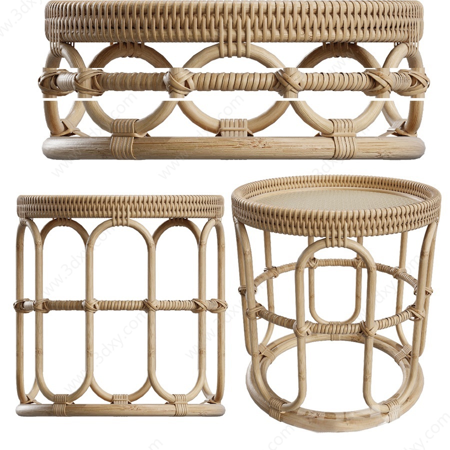 藤编编织茶几边几椅凳3D模型