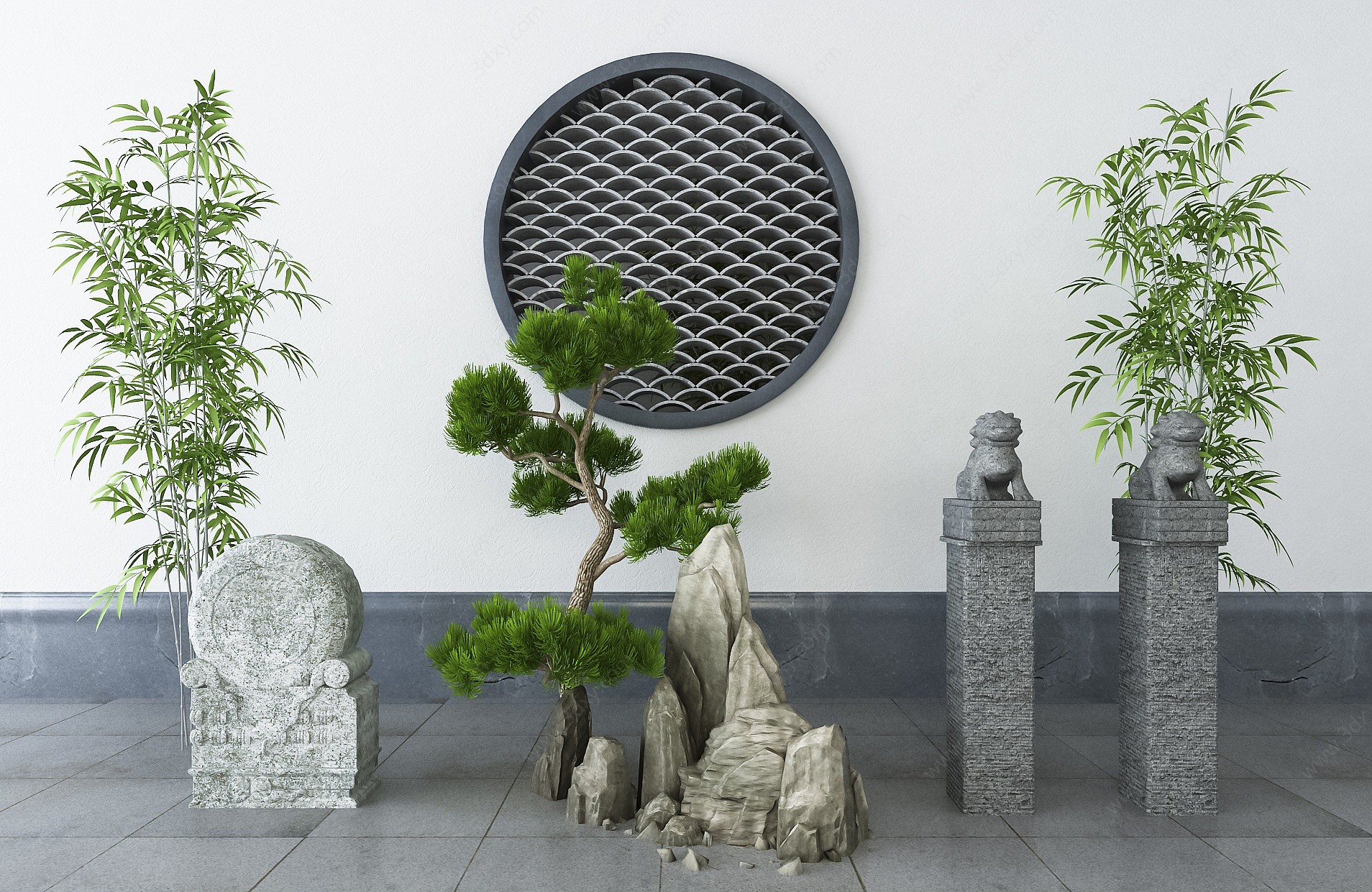 新中式松树石头景观小品3D模型