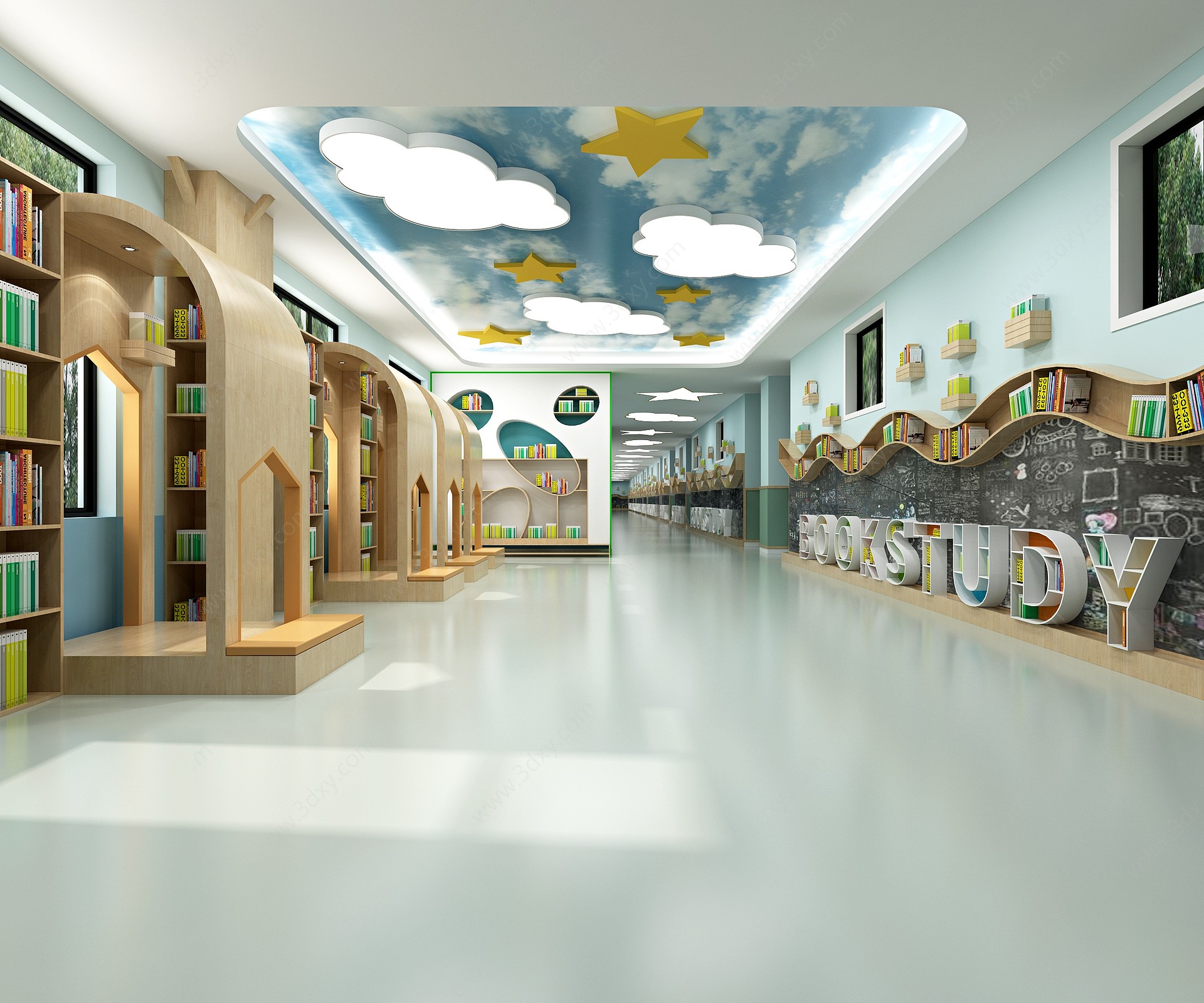 现代中小学幼儿园图书馆3D模型