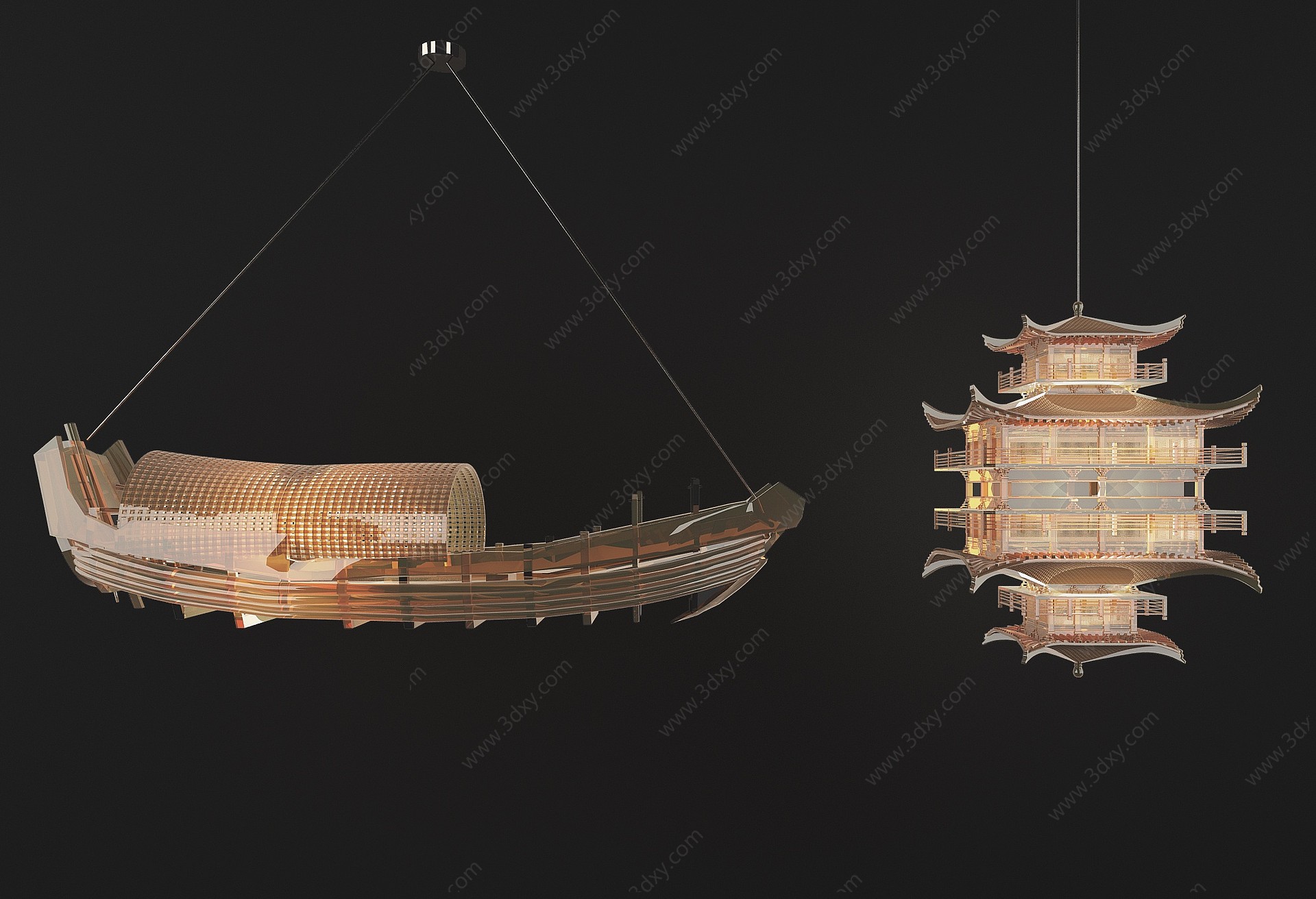 新中式古建船型吊灯3D模型