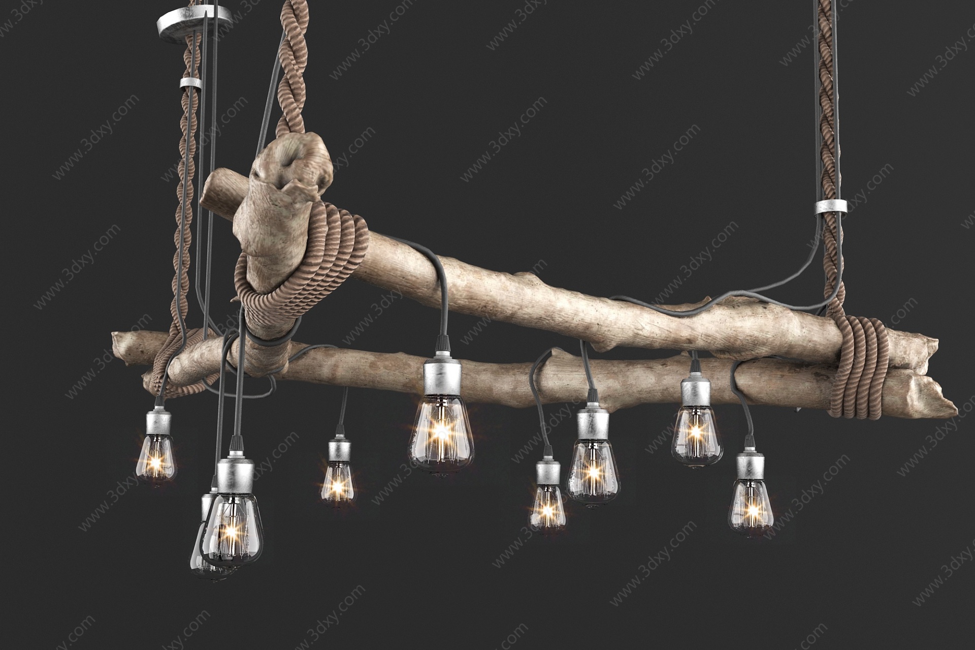 工业LOFT树枝麻绳灯泡吊灯3D模型
