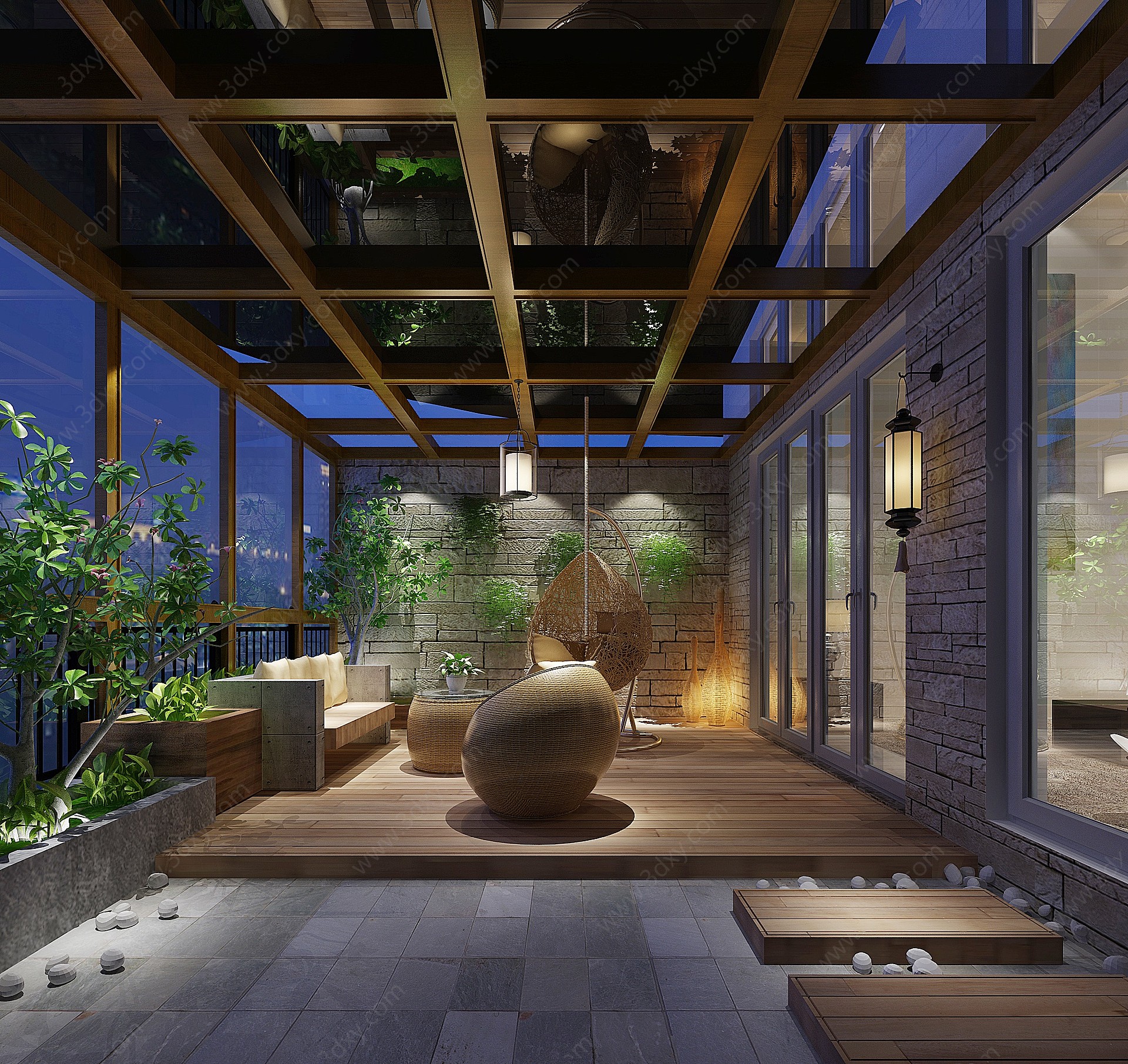 新中式景观阳台3D模型