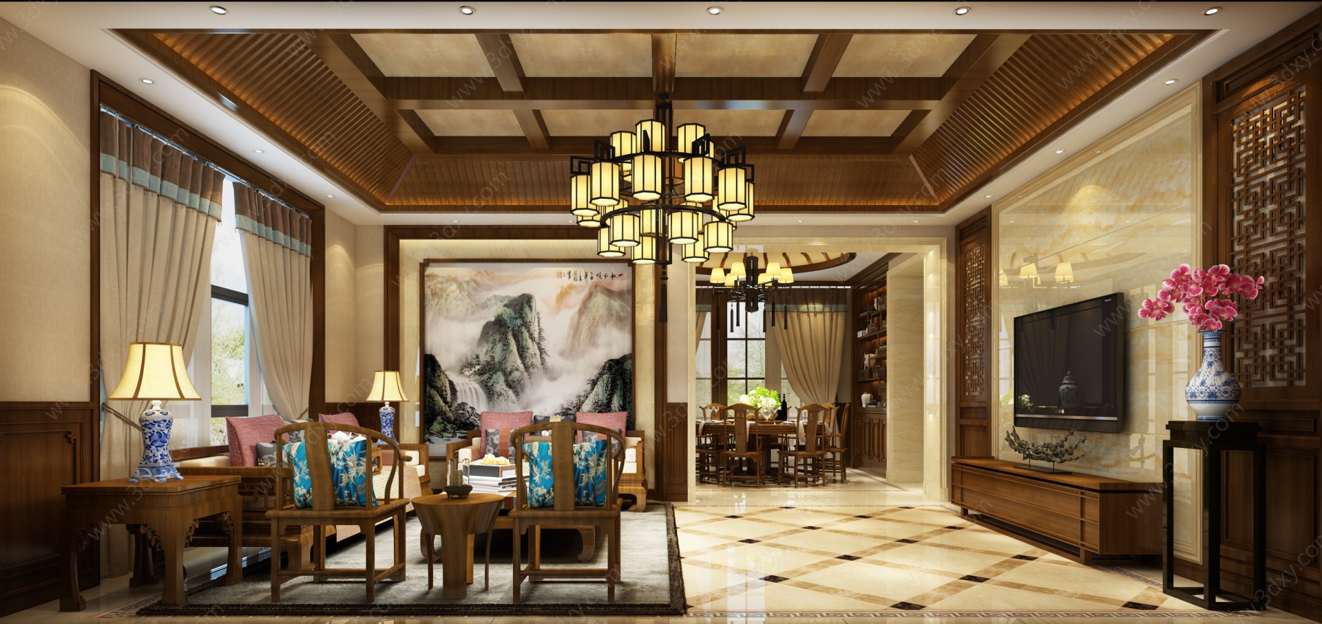 新中式客厅餐厅3D模型