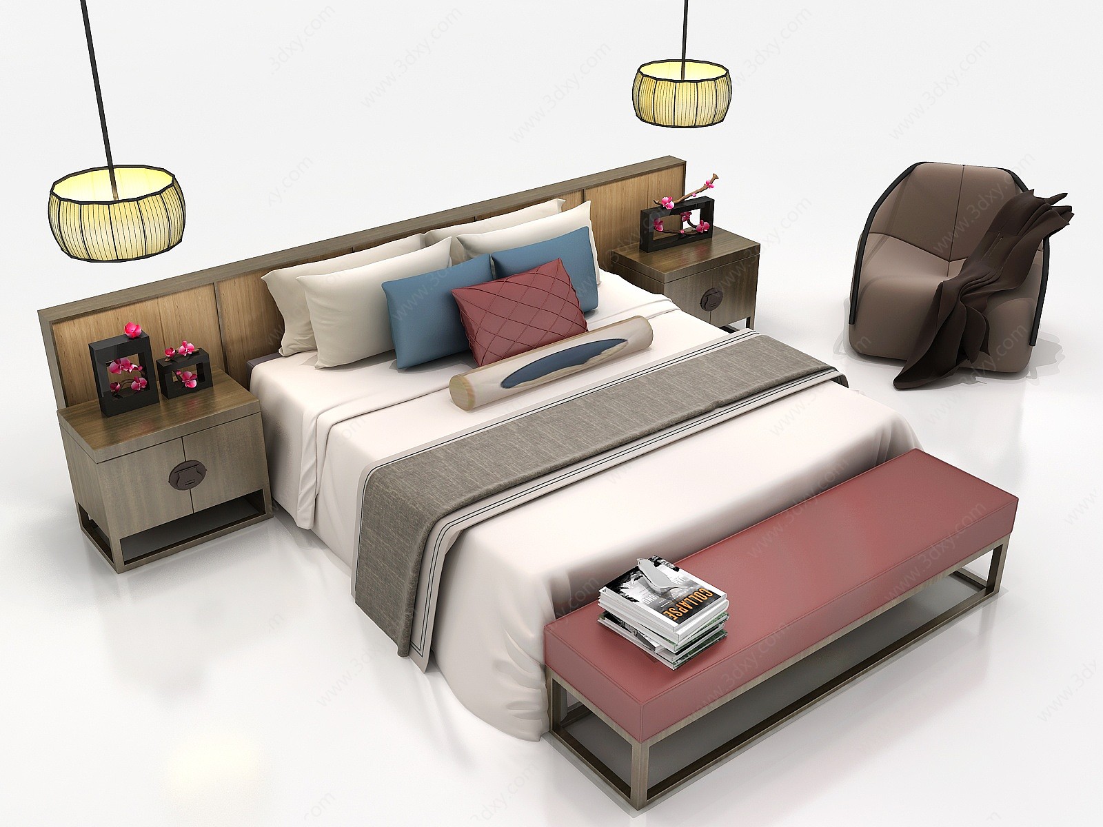 新中式双人床组合3D模型