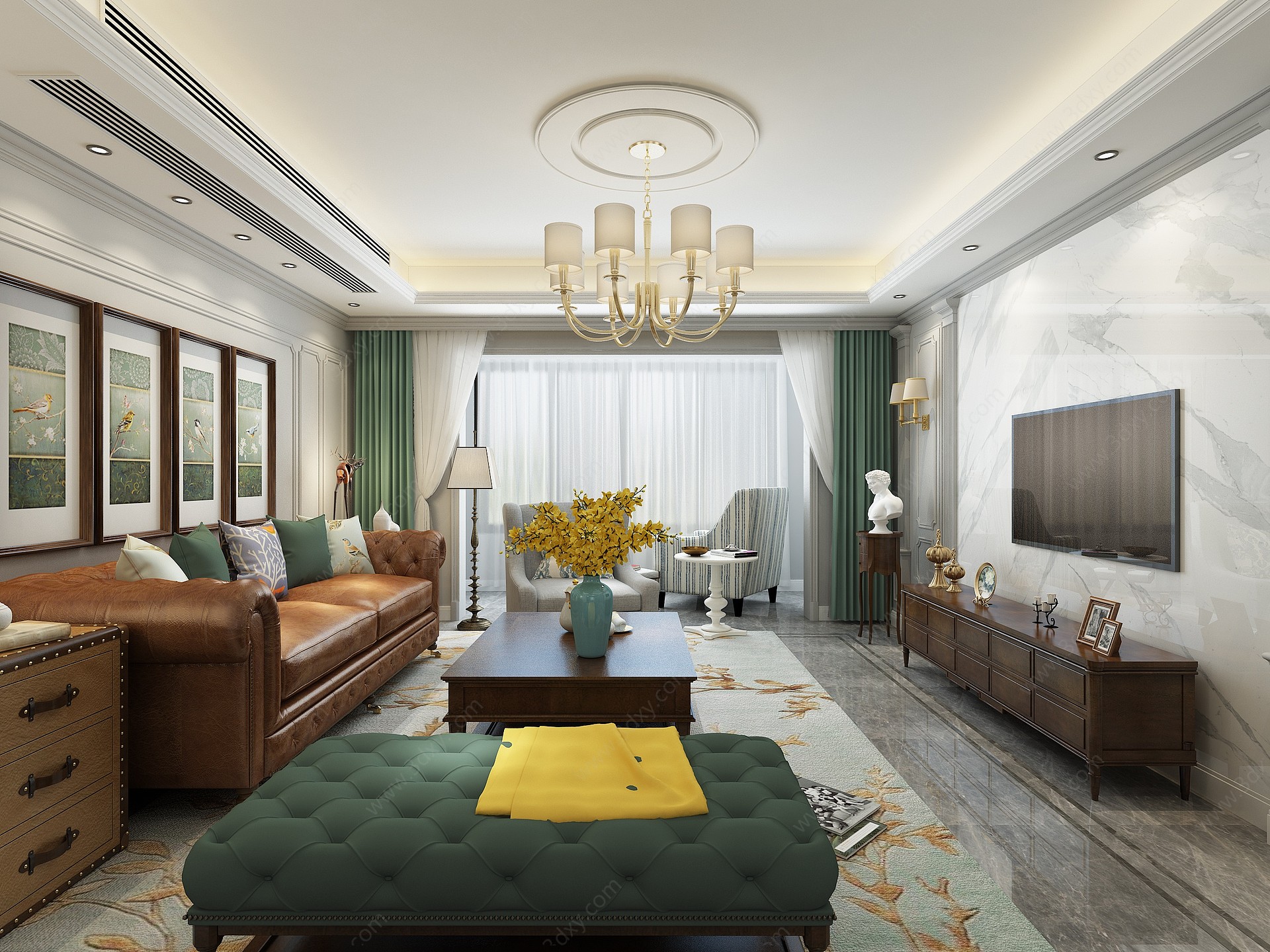 美式客厅背景沙发3D模型