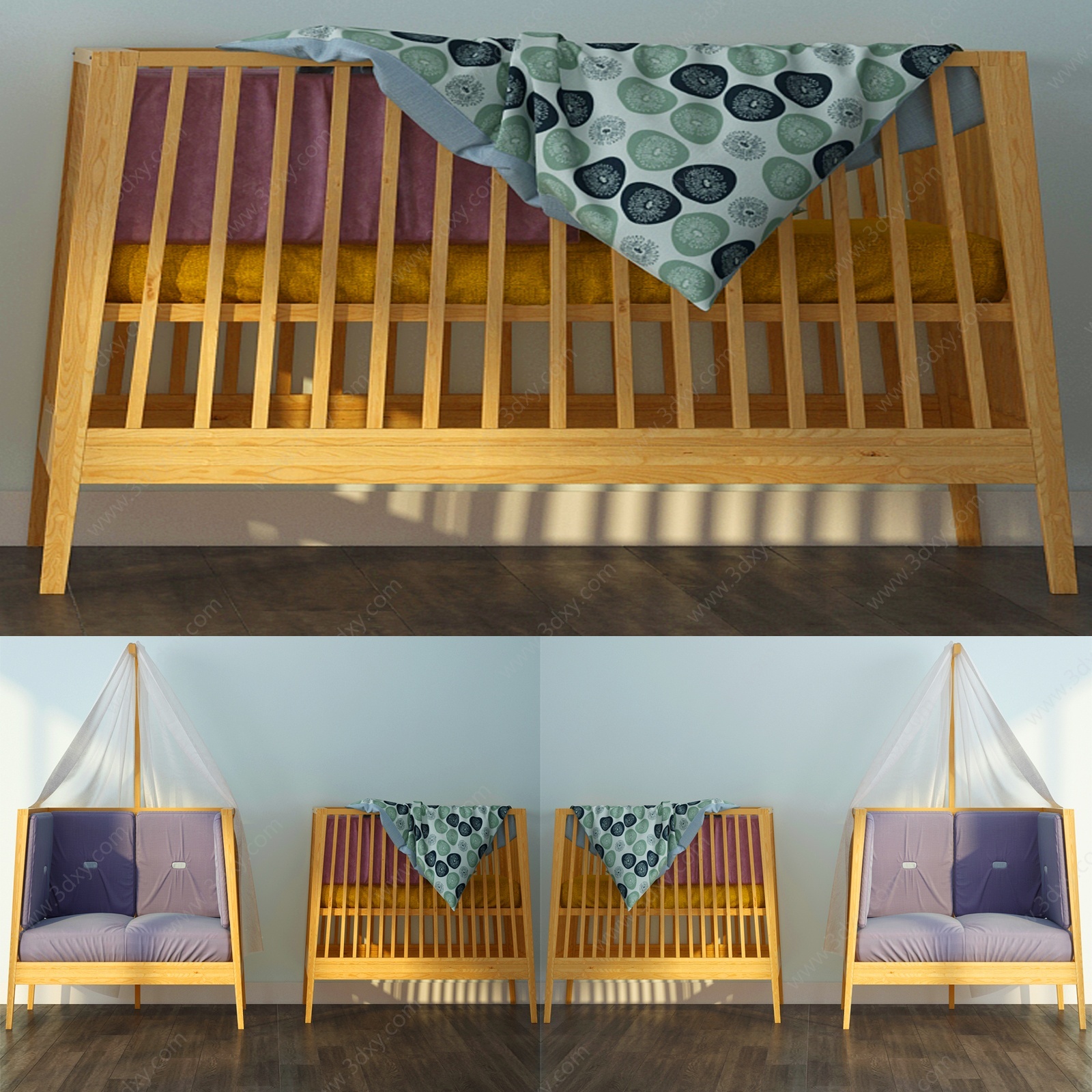 现代木质婴儿床3D模型