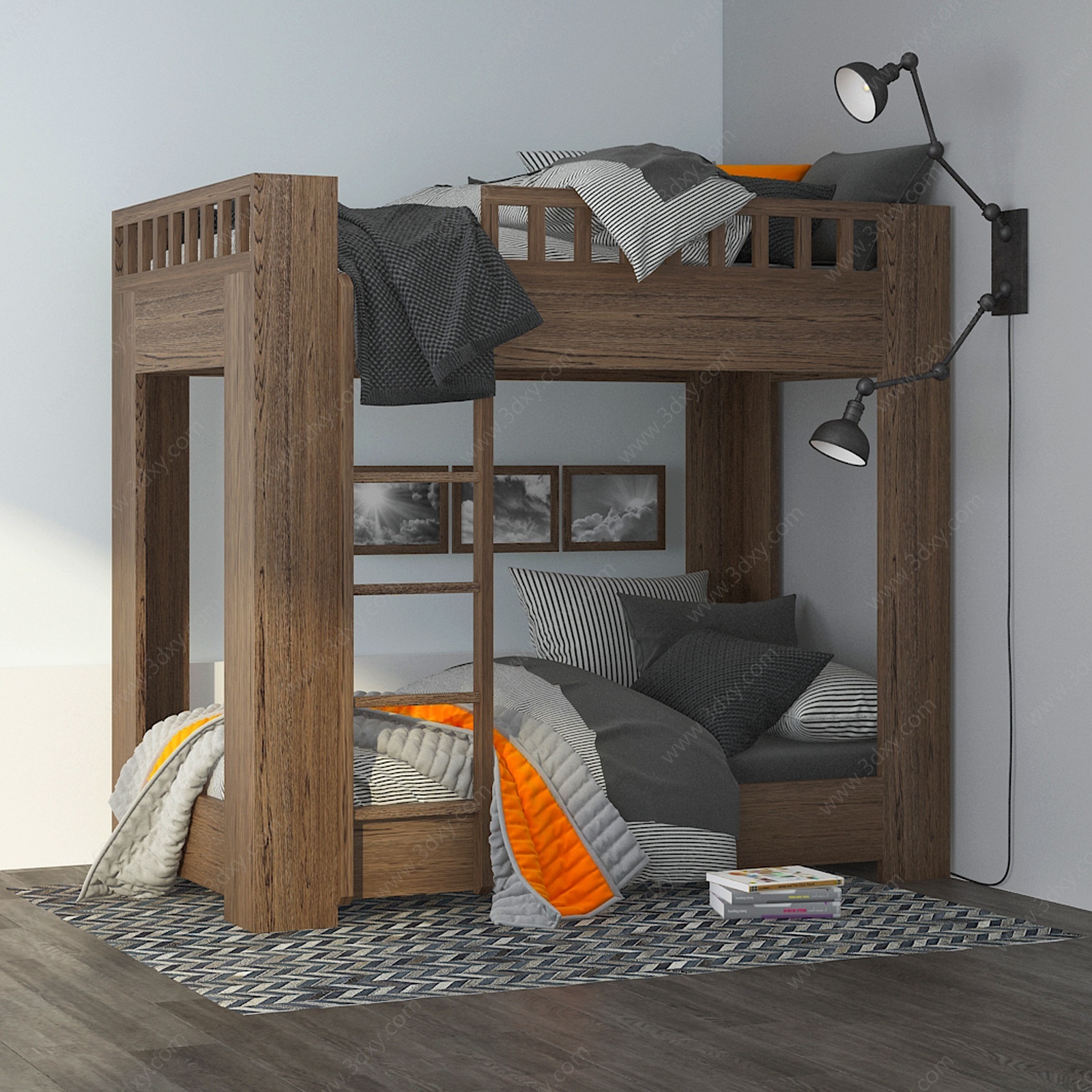 现代木质上下铺儿童床3D模型