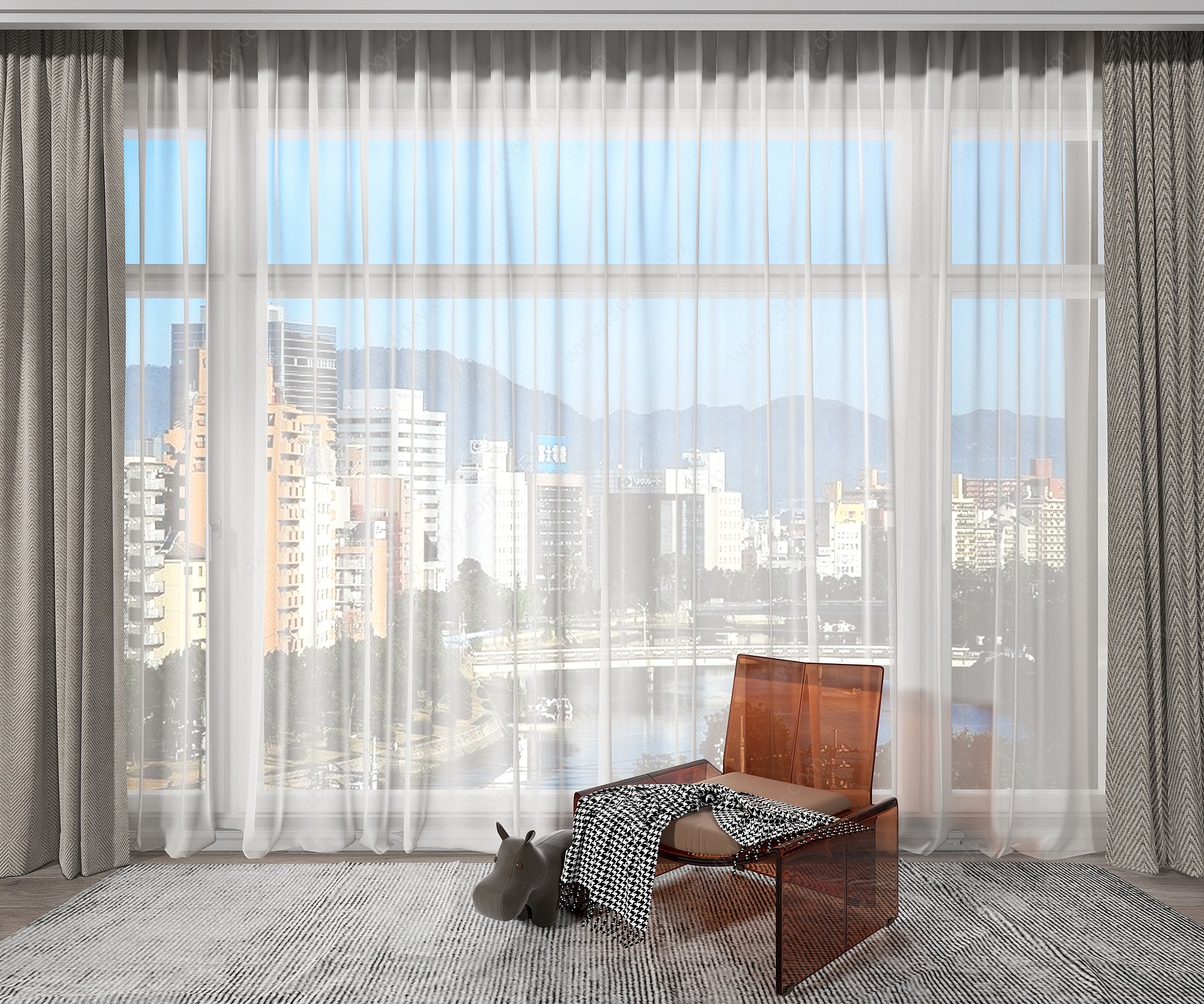 现代客厅双层窗帘3D模型