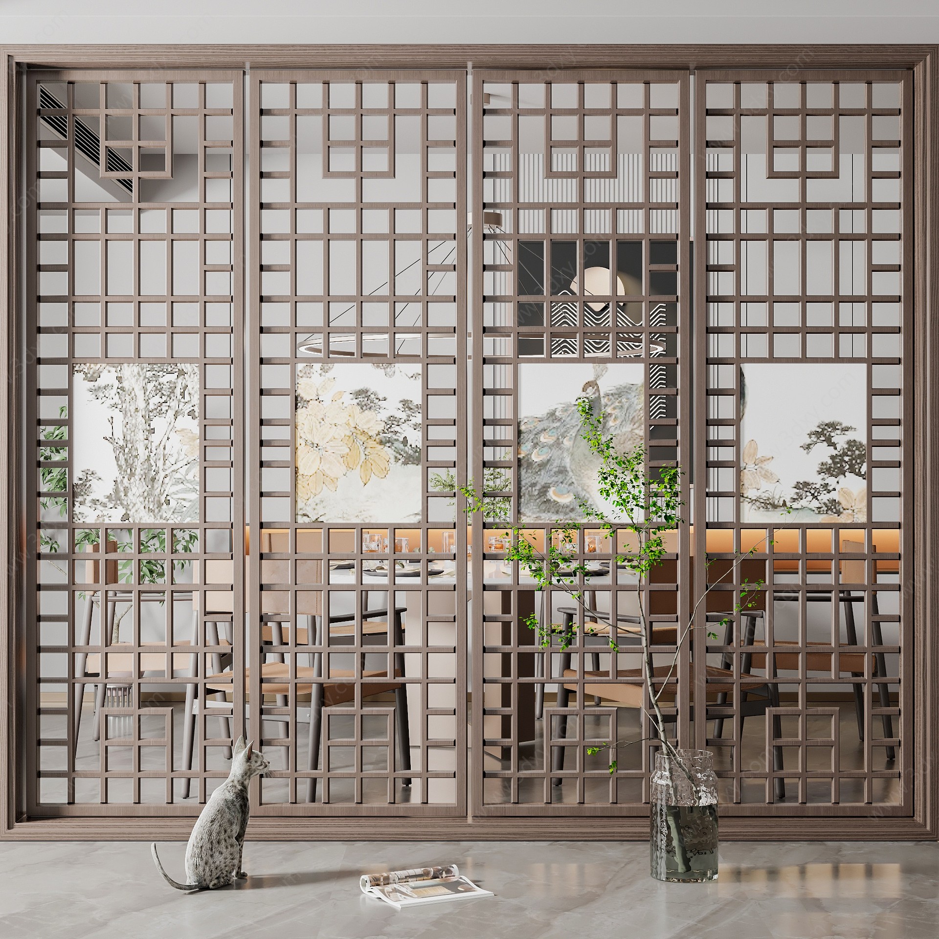 新中式茶餐厅屏风3D模型