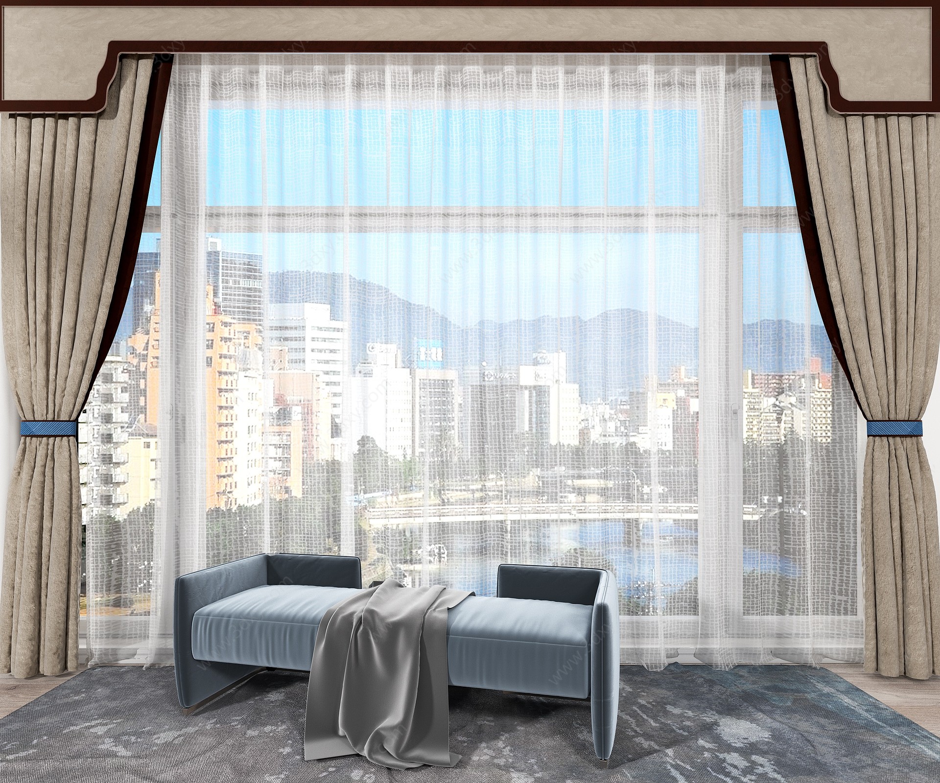 新中式客厅窗帘3D模型