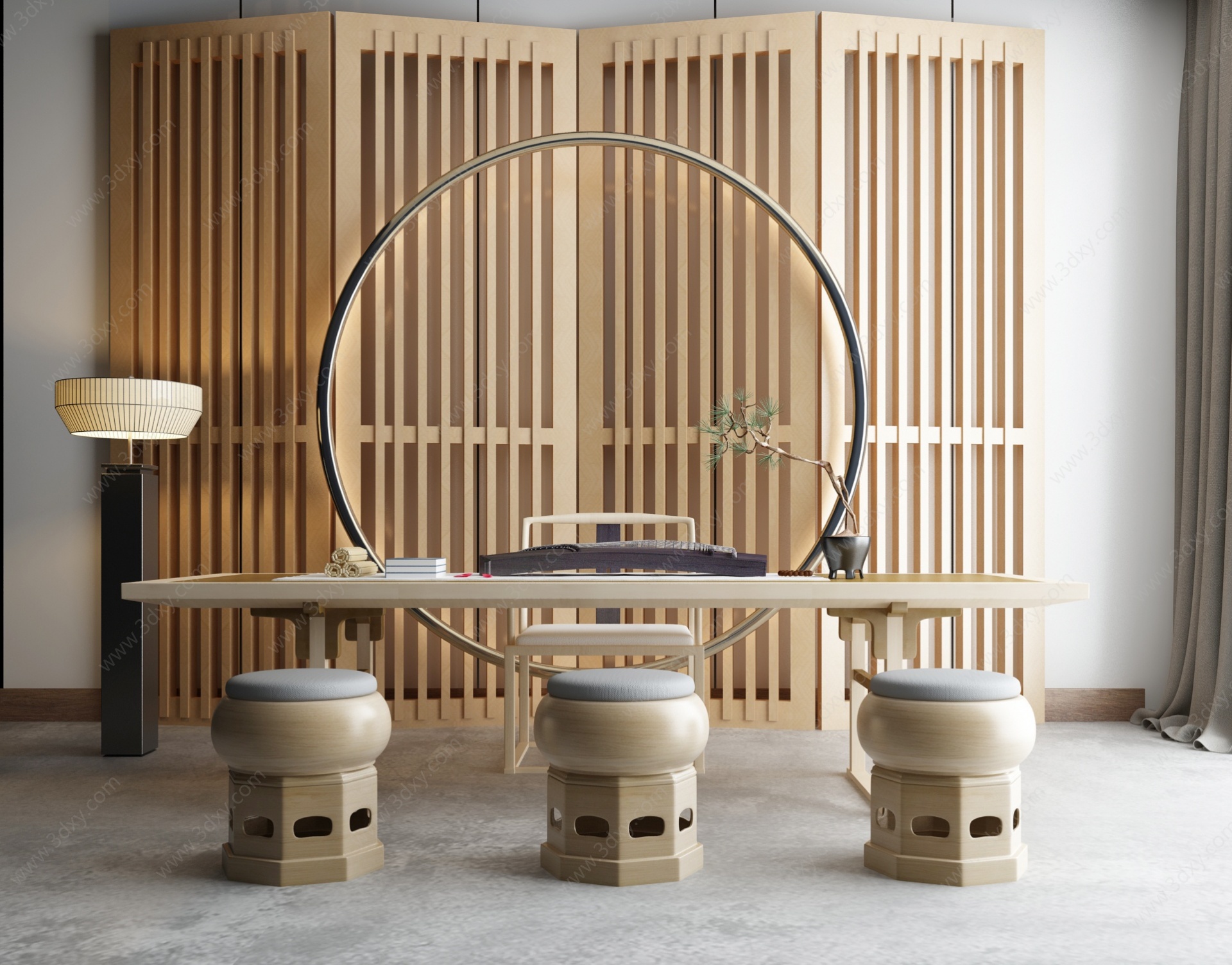 新中式茶室实木屏风3D模型