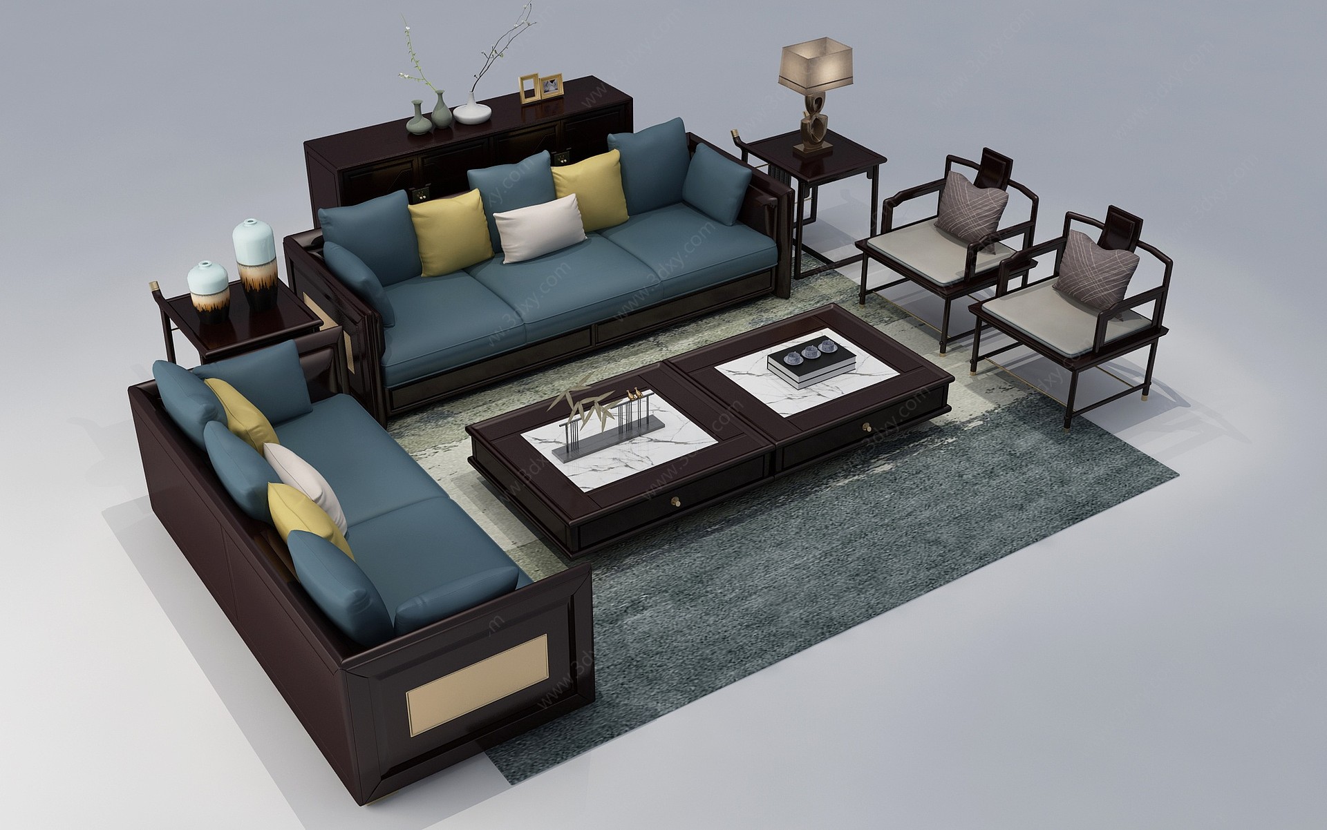 新中式实木沙发茶几组合3D模型