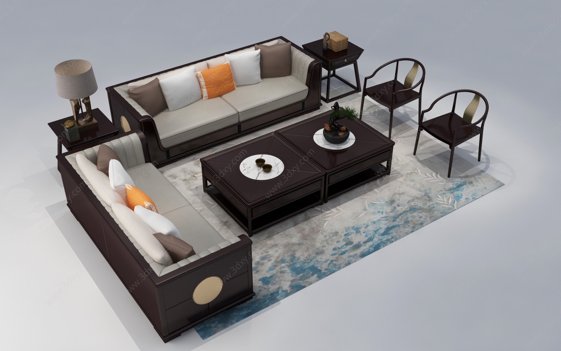 新中式实木沙发茶几组合3D模型