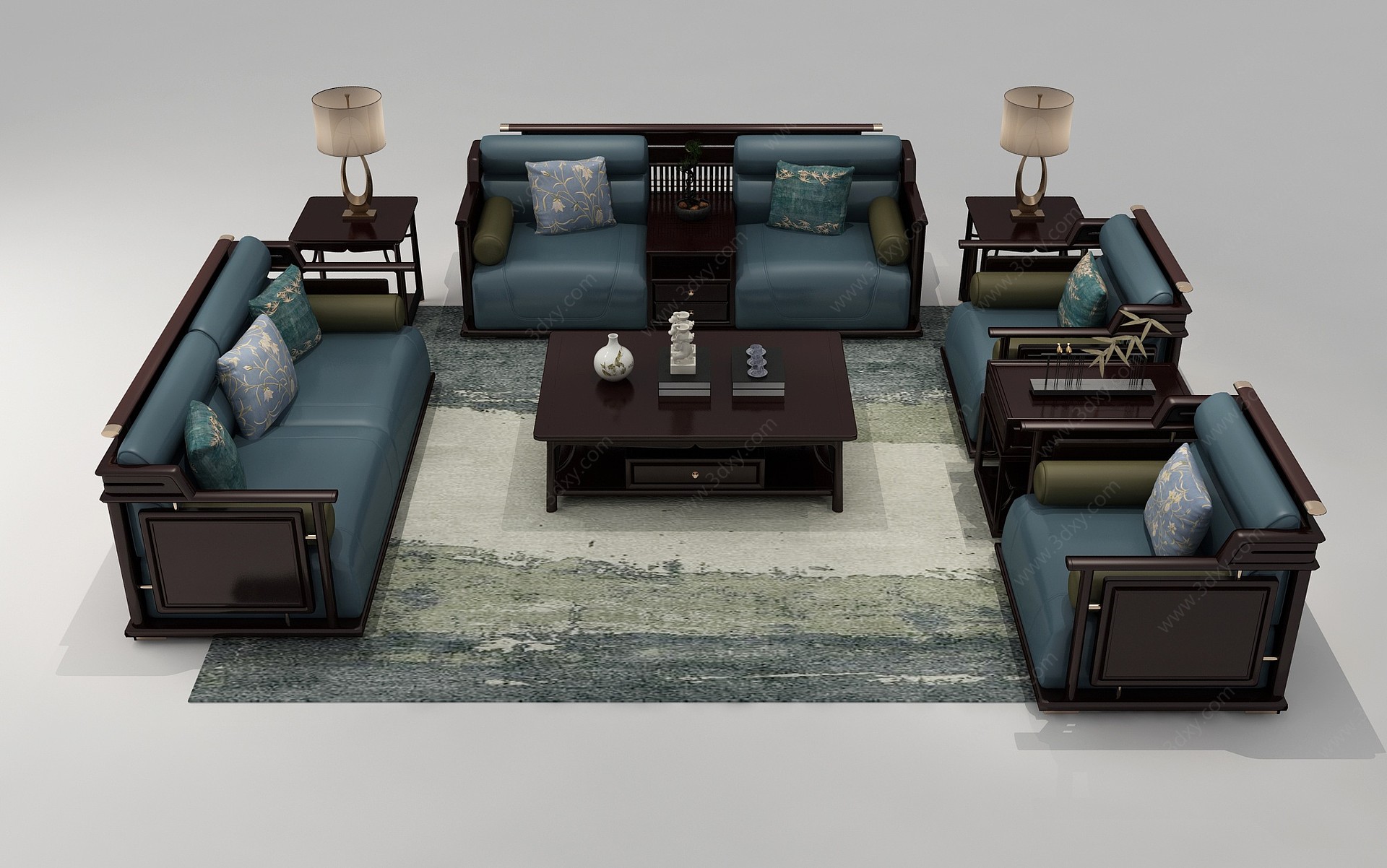 新中式别墅实木沙发茶几3D模型