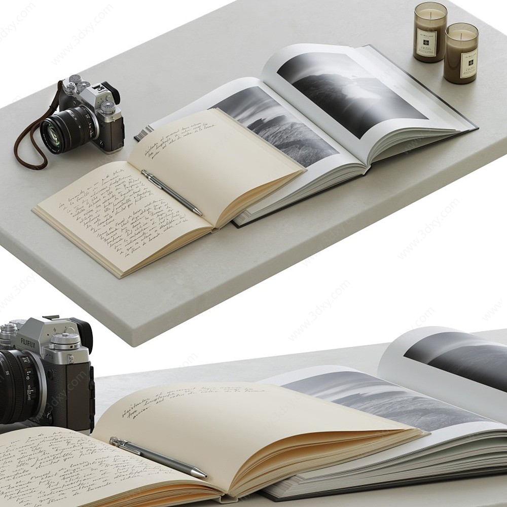 现代桌面书籍照相机摆设3D模型