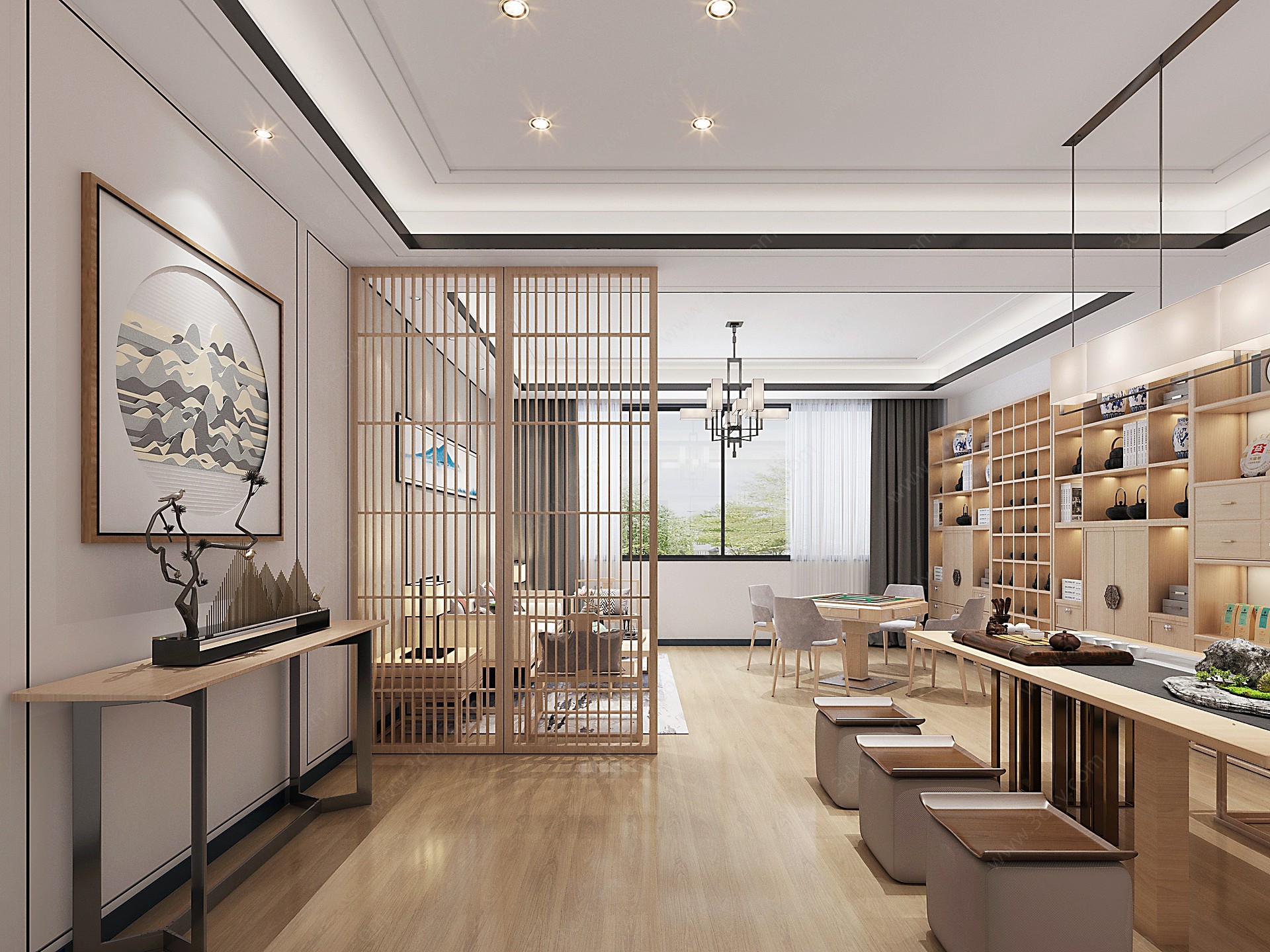 新中式茶室二层大茶室3D模型