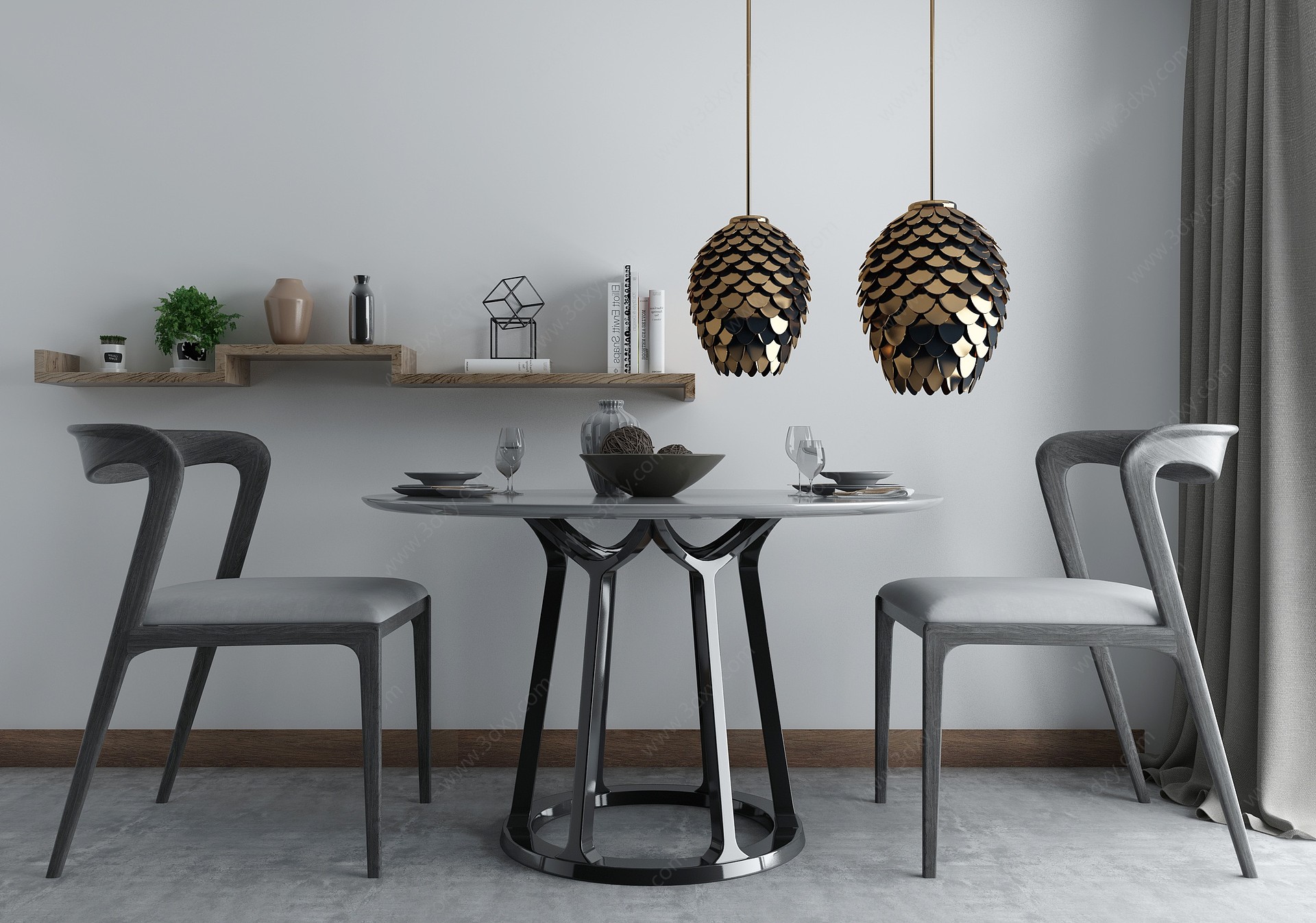 新中式圆形实木餐桌椅组合3D模型