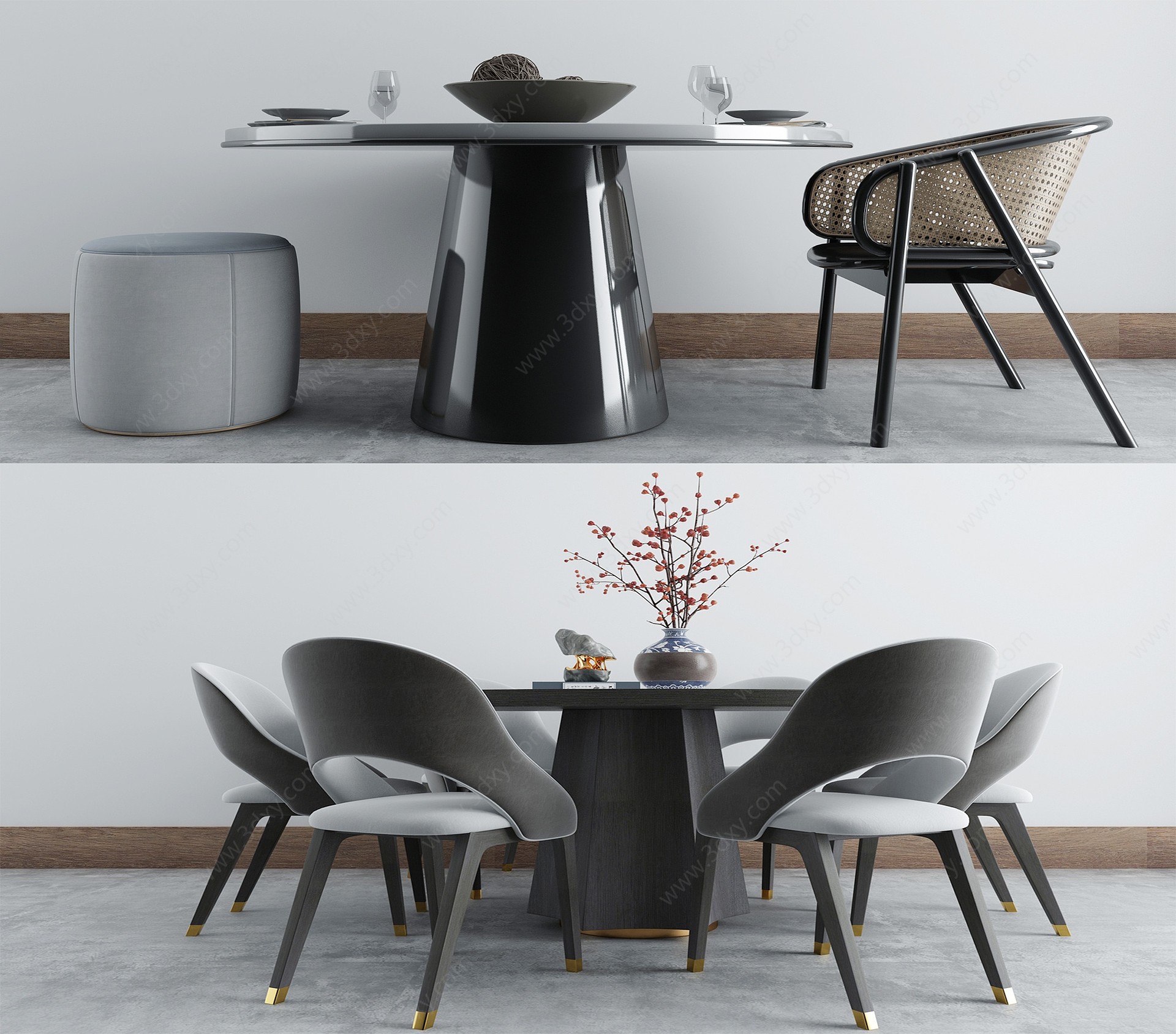 新中式圆形餐桌椅组合3D模型