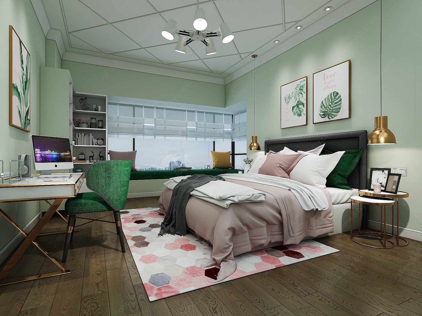 北欧浅绿色卧室3D模型