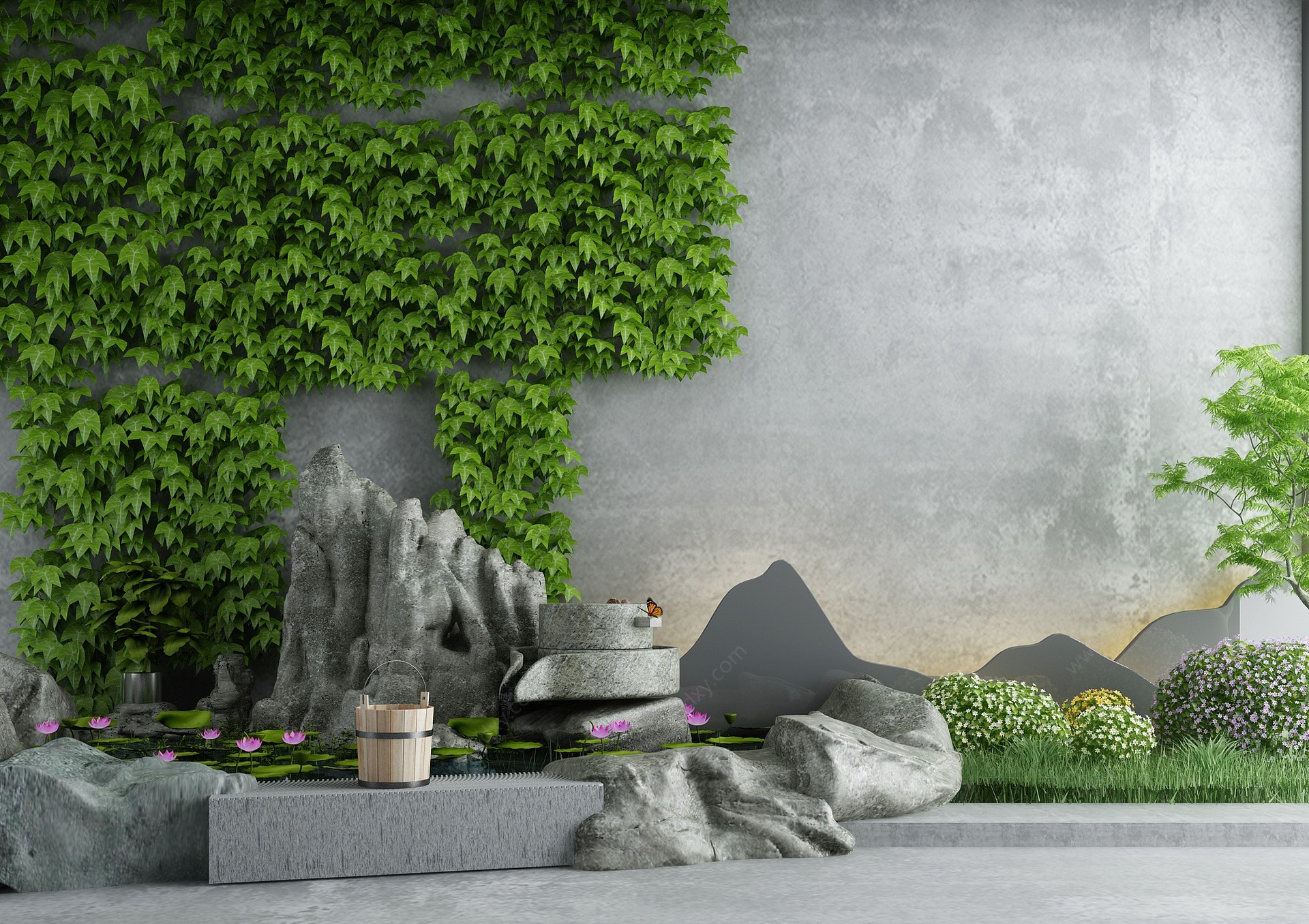 新中式庭院水景小品3D模型