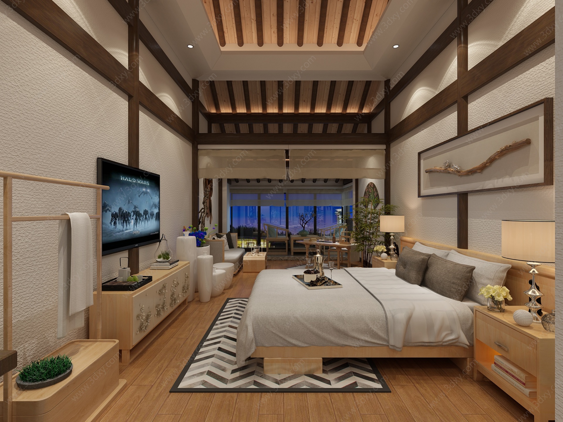 新中式民宿酒店客房3D模型