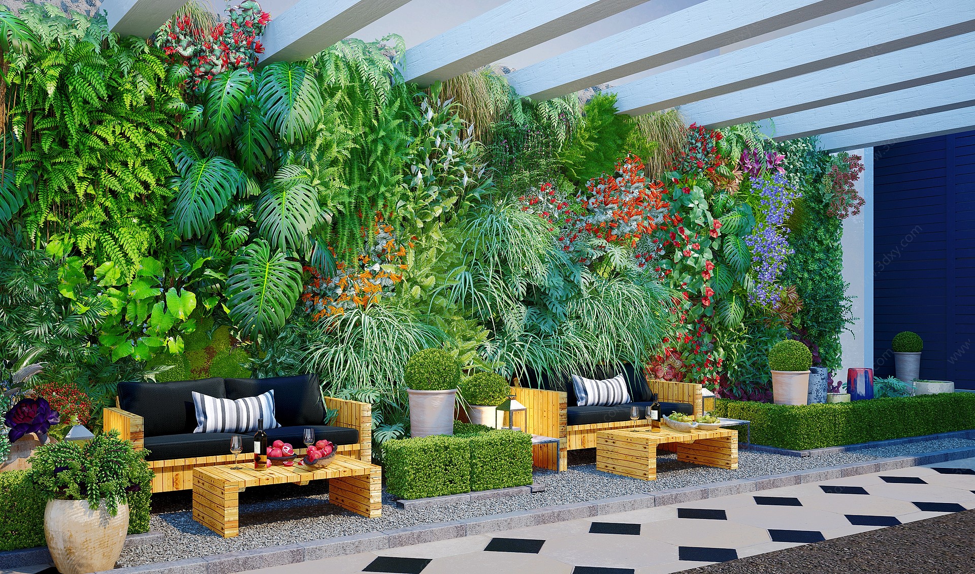 现代植物墙庭院休息区3D模型
