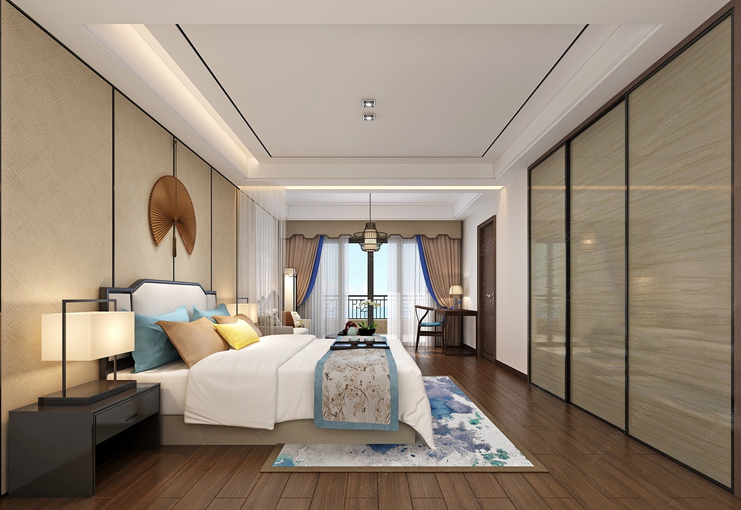 新中式轻奢卧室真皮床3D模型
