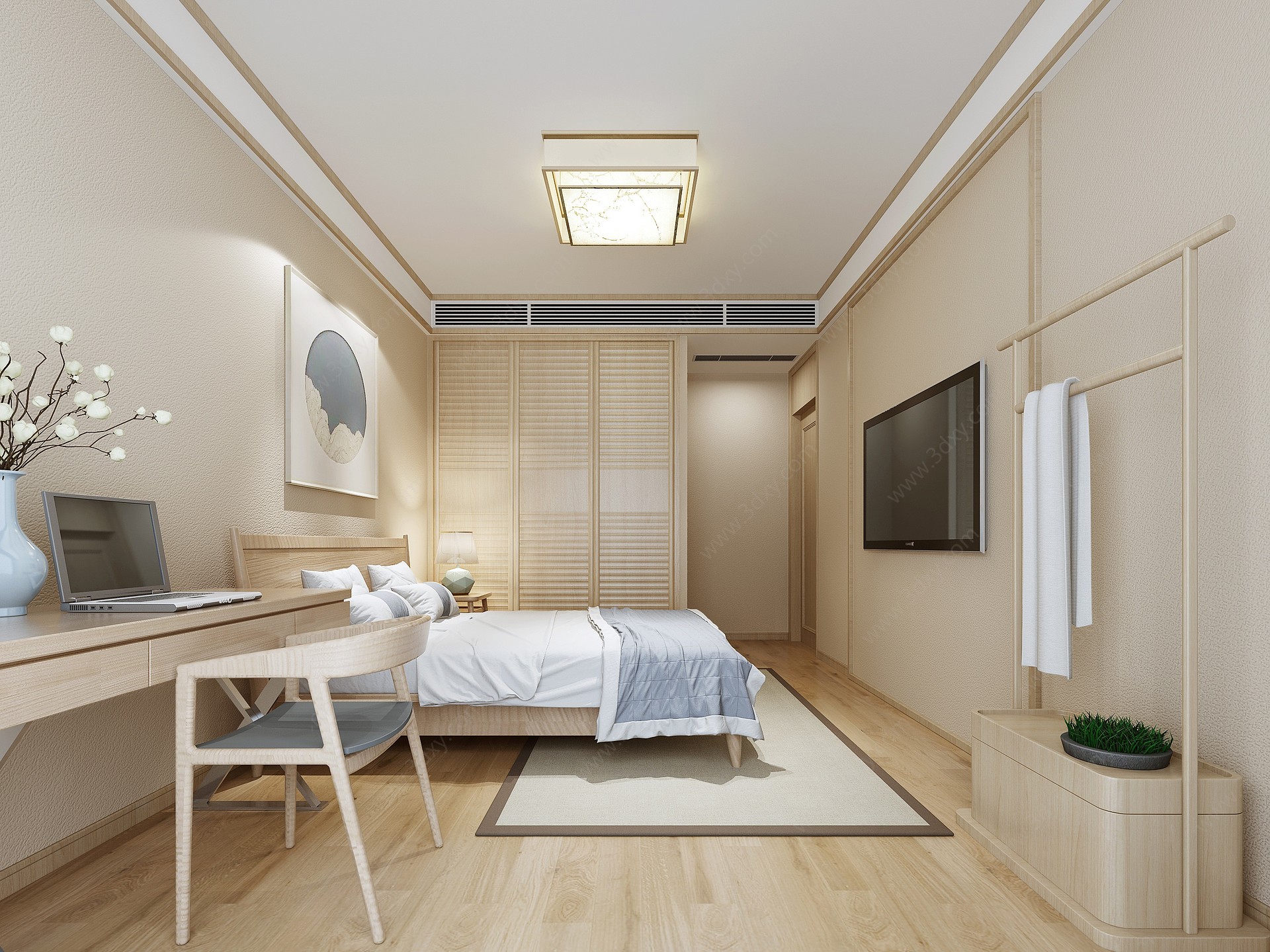 北欧极简卧室双人布艺床3D模型