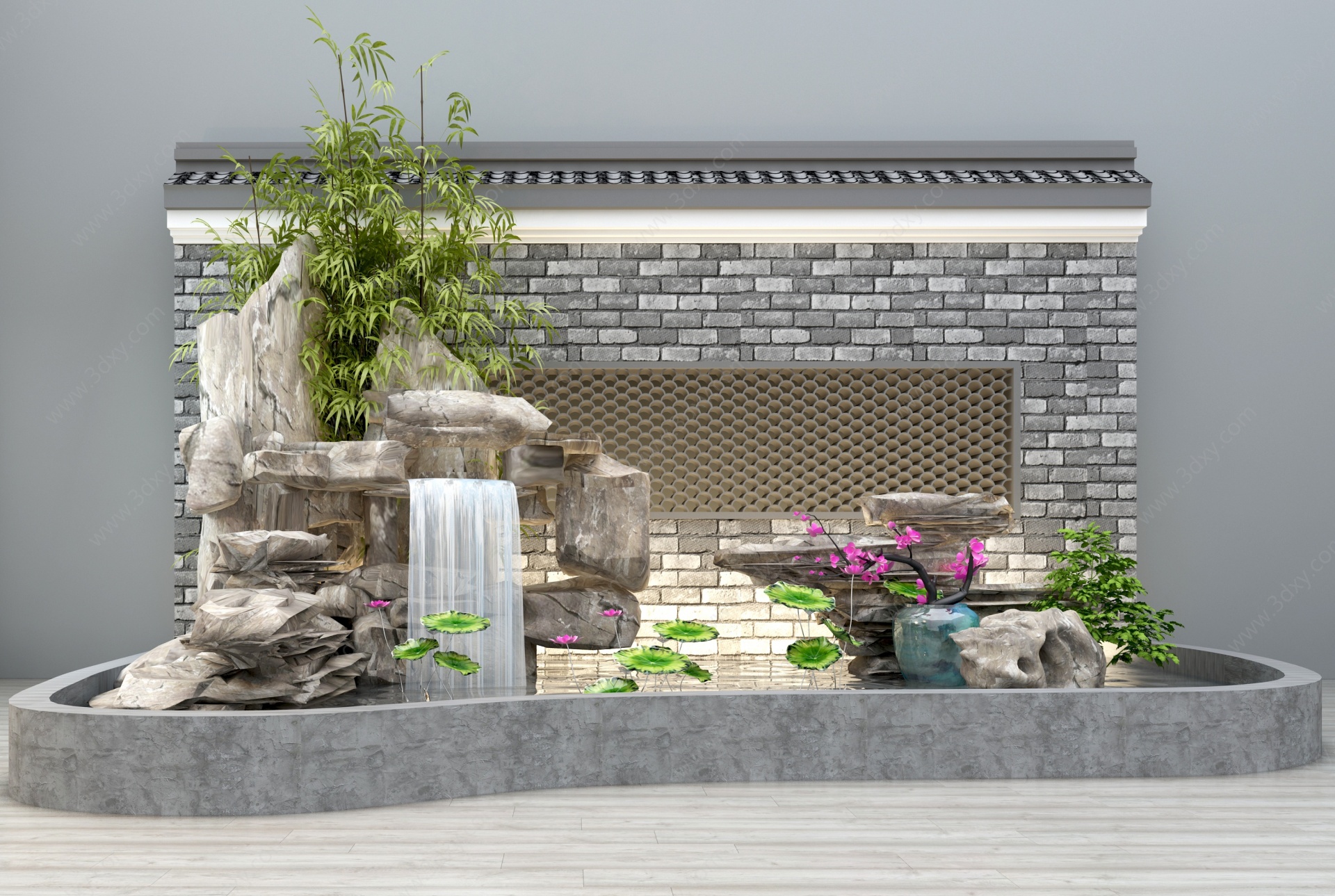 新中式假山竹子水池塘3D模型