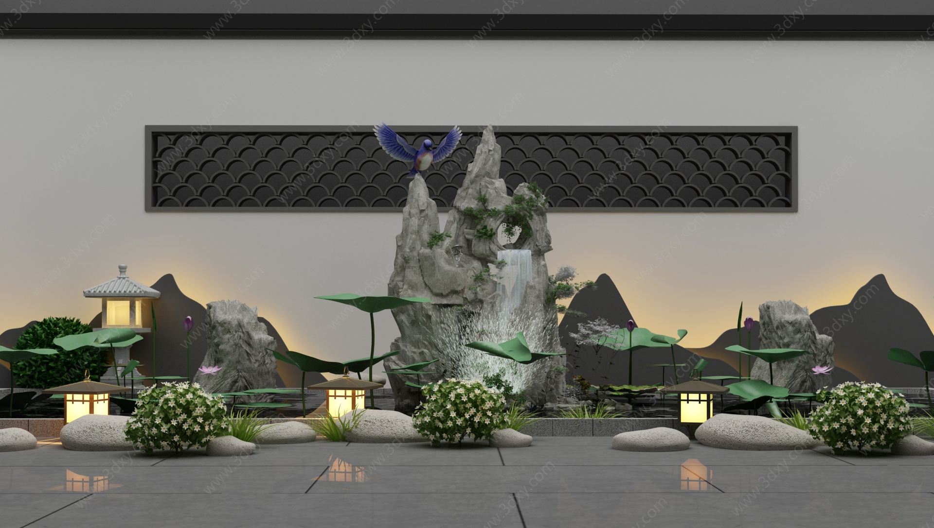 新中式庭院景观水景小品3D模型