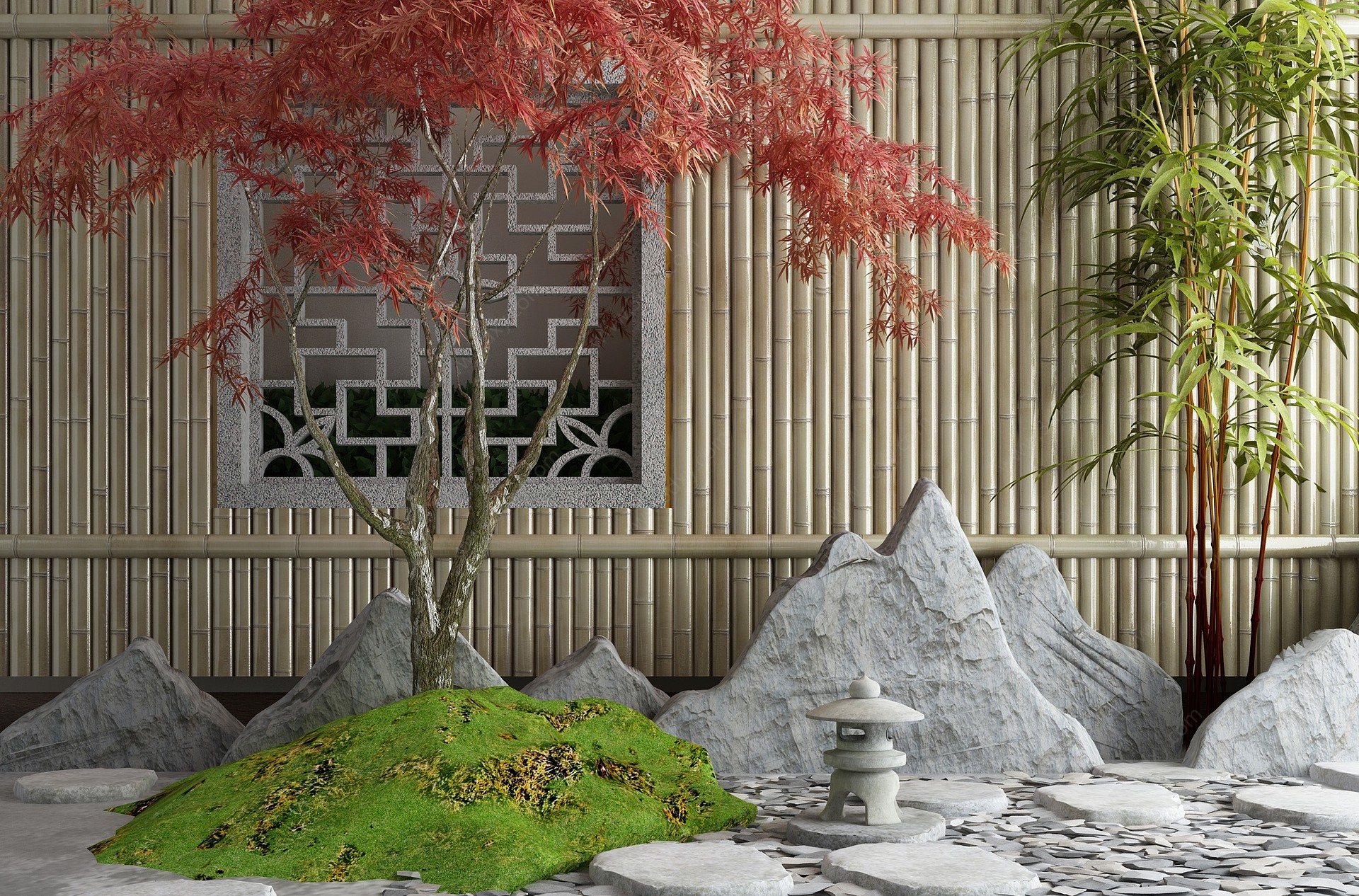 新中式庭院假山景观3D模型