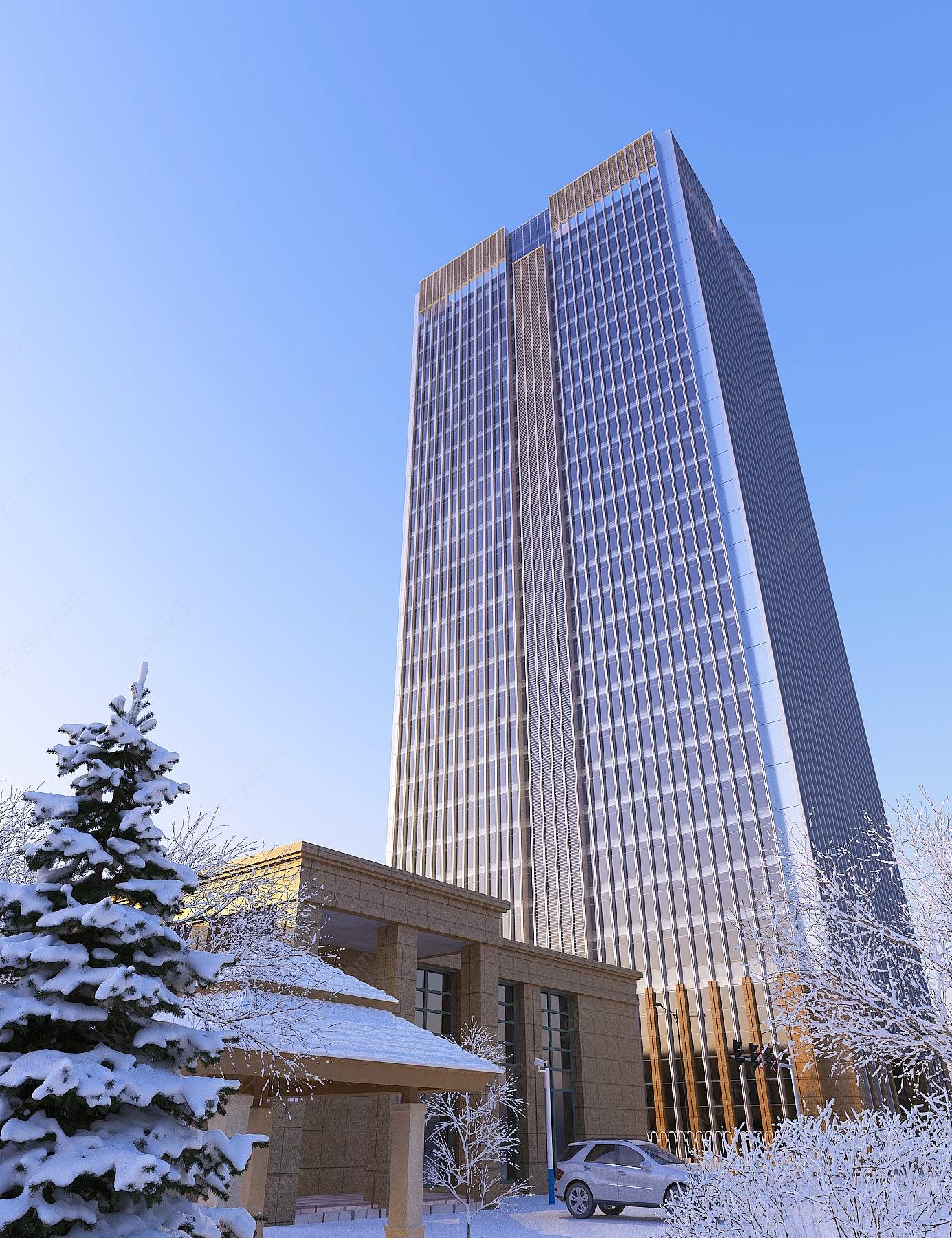 现代办公楼外观雪景3D模型