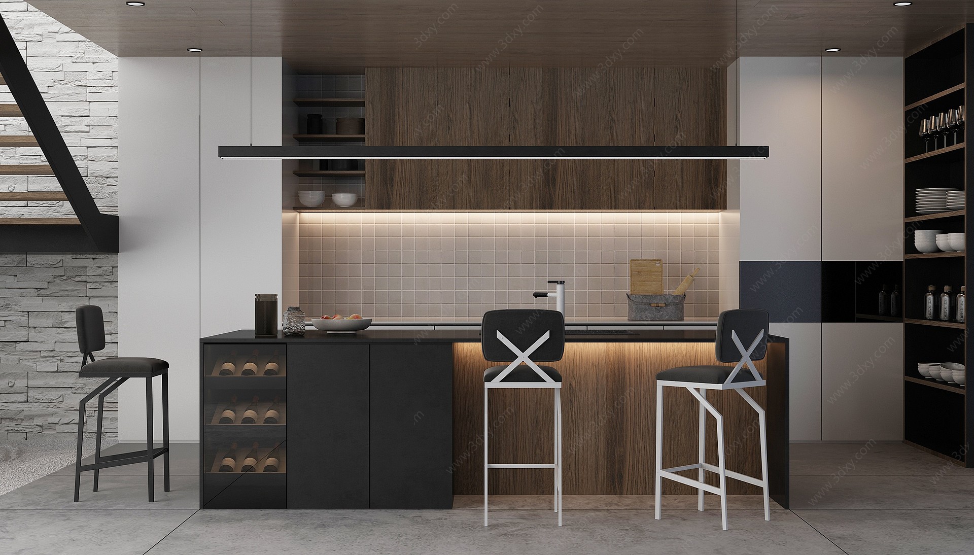 现代开放厨房别墅厨房3D模型