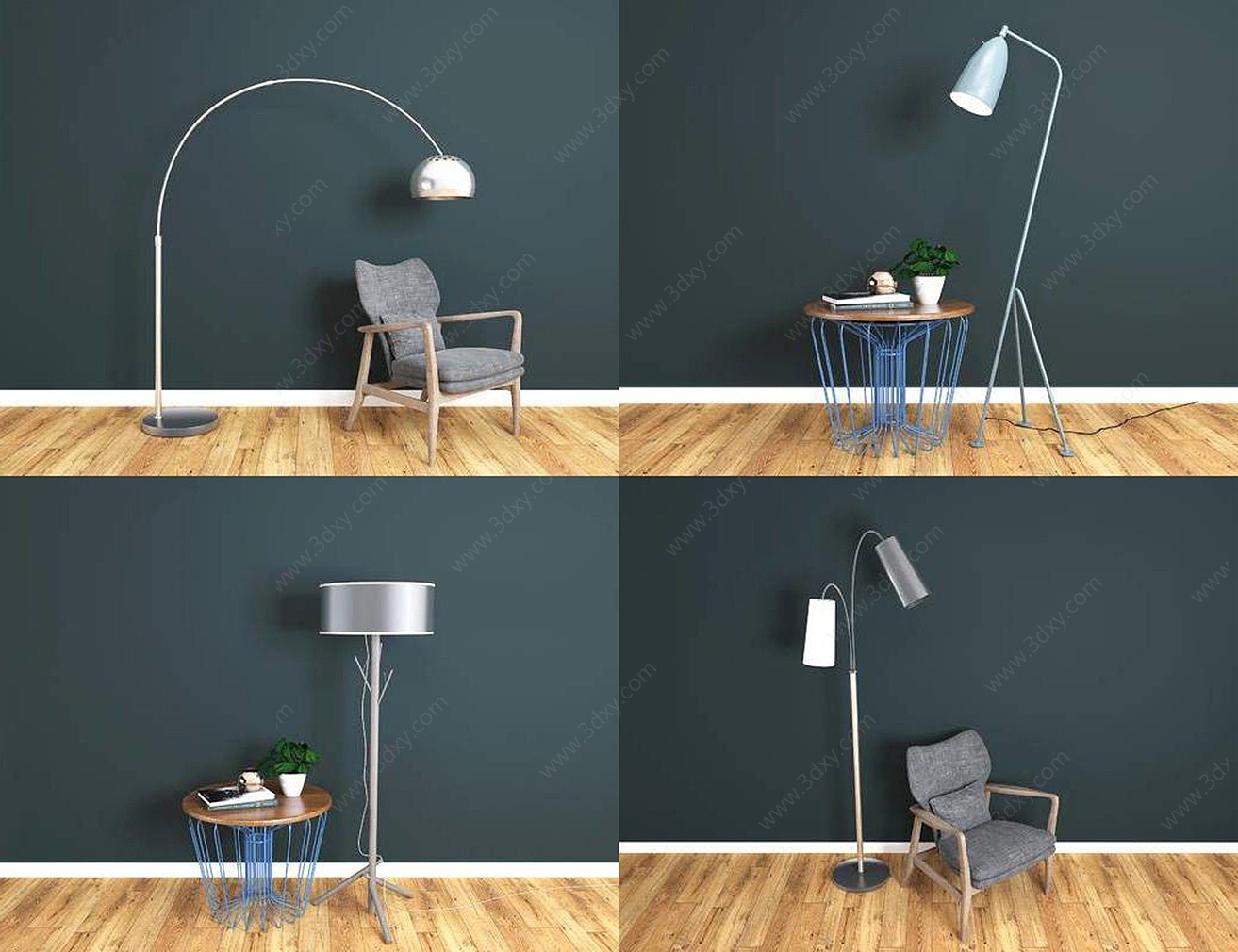 现代金属落地灯休闲椅组合3D模型