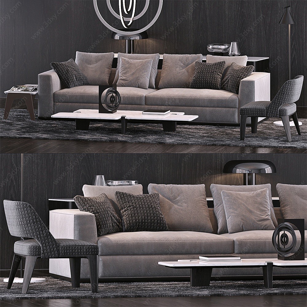 现代布艺双人沙发单椅茶几3D模型