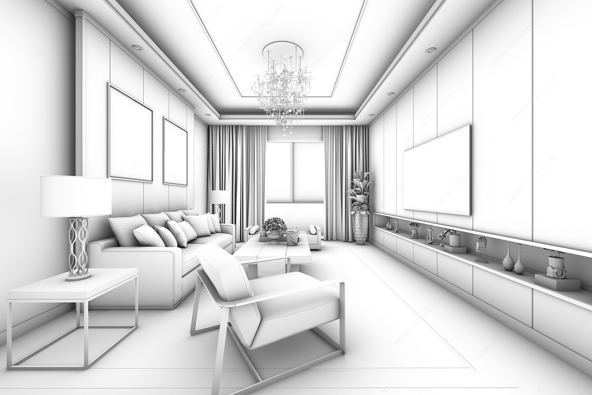 现代客厅沙发背景墙3D模型
