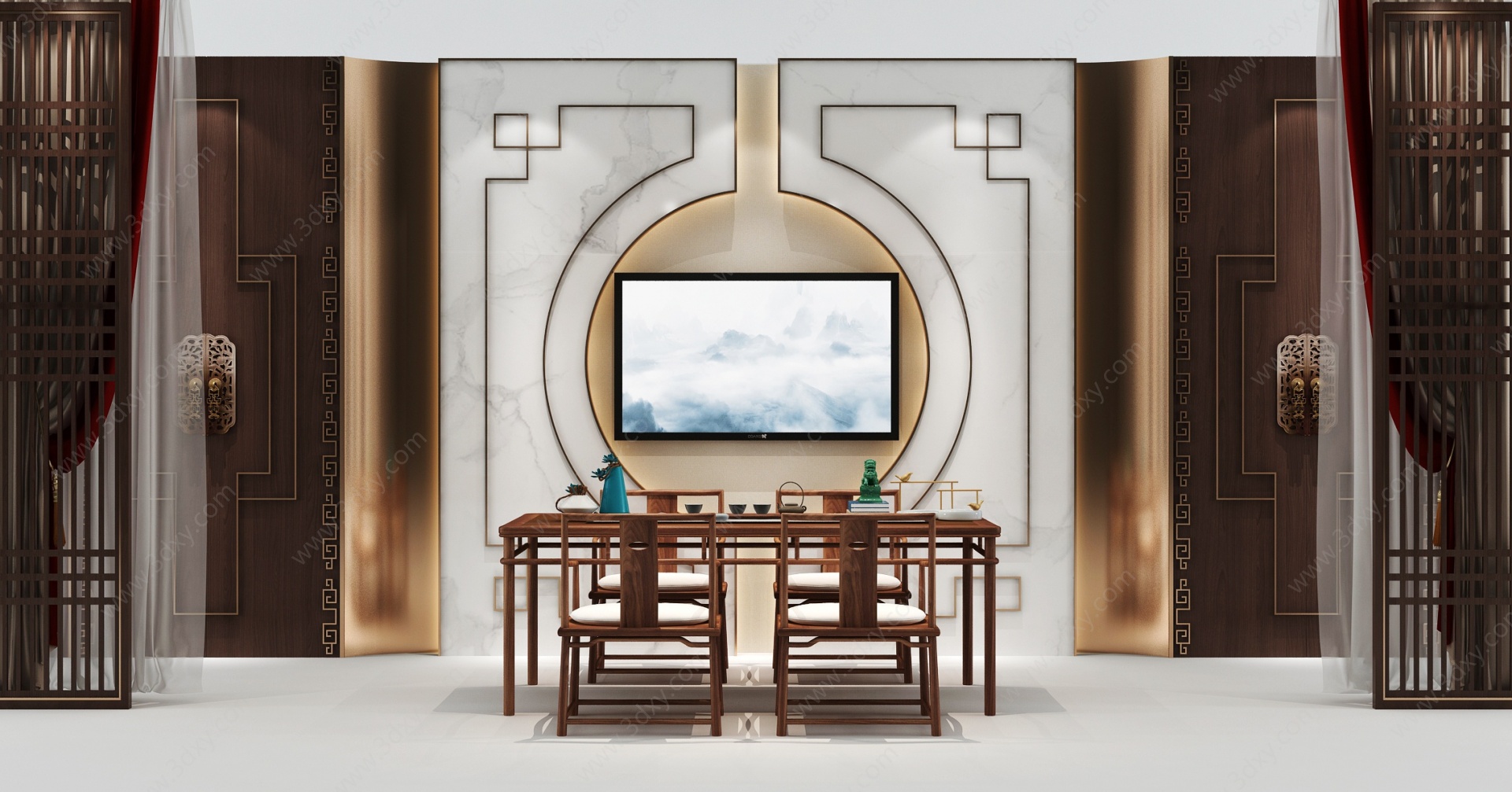 新中式茶桌餐桌花格窗帘3D模型