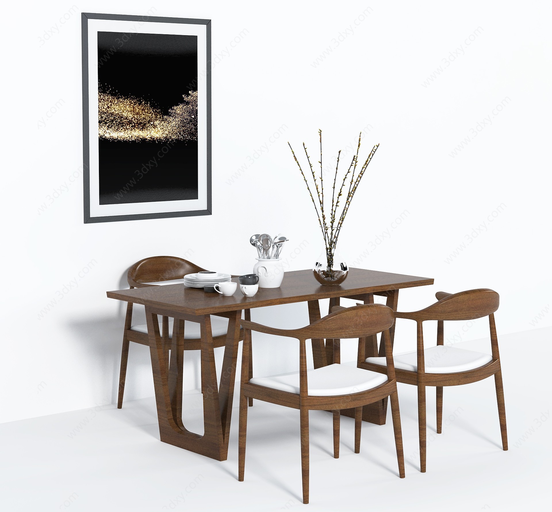 新中式餐桌椅桌花挂画组合3D模型