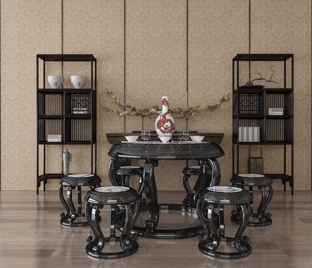 中式黑色书柜茶桌椅3D模型